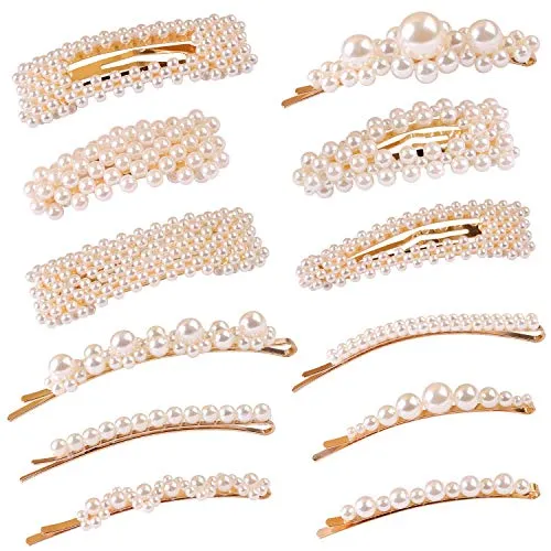 12 Pcs Pearl Hair Clips Large Hair Clips Pins Barrette Ties Hair for Women Girls Elegant Handmade Fashion Hair Accessories Pearl Hair Clips for Party Wedding Daily