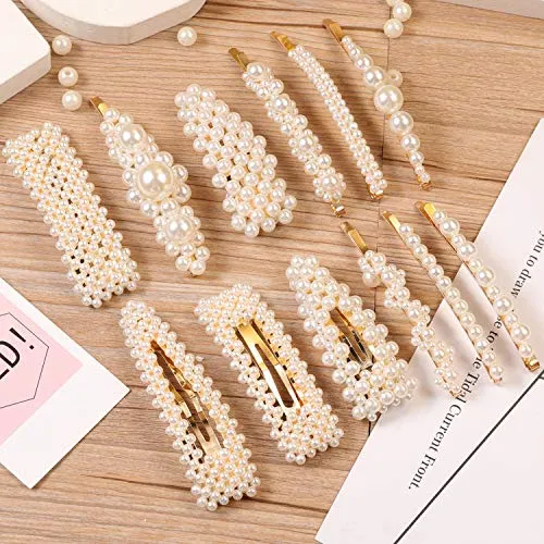 12 Pcs Pearl Hair Clips Large Hair Clips Pins Barrette Ties Hair for Women Girls Elegant Handmade Fashion Hair Accessories Pearl Hair Clips for Party Wedding Daily