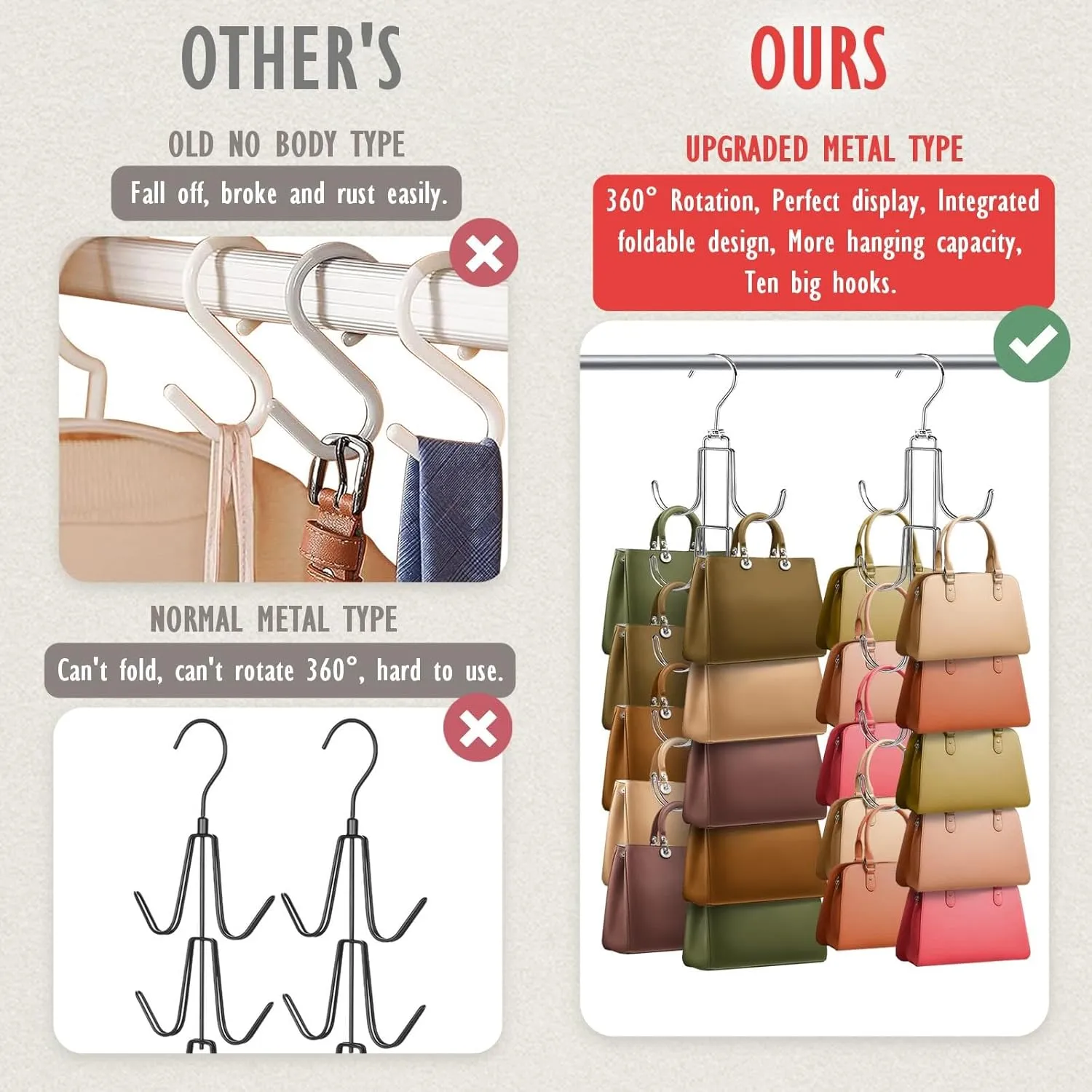 2 Pack Purse Organizer for Closet, Upgraded Purse Hangers with 20 Big Hooks, 360 Degree Rotation for Better Organizer and Display, Collapsible Space Saving Hangers Rack for Handbag, Tie, Silver