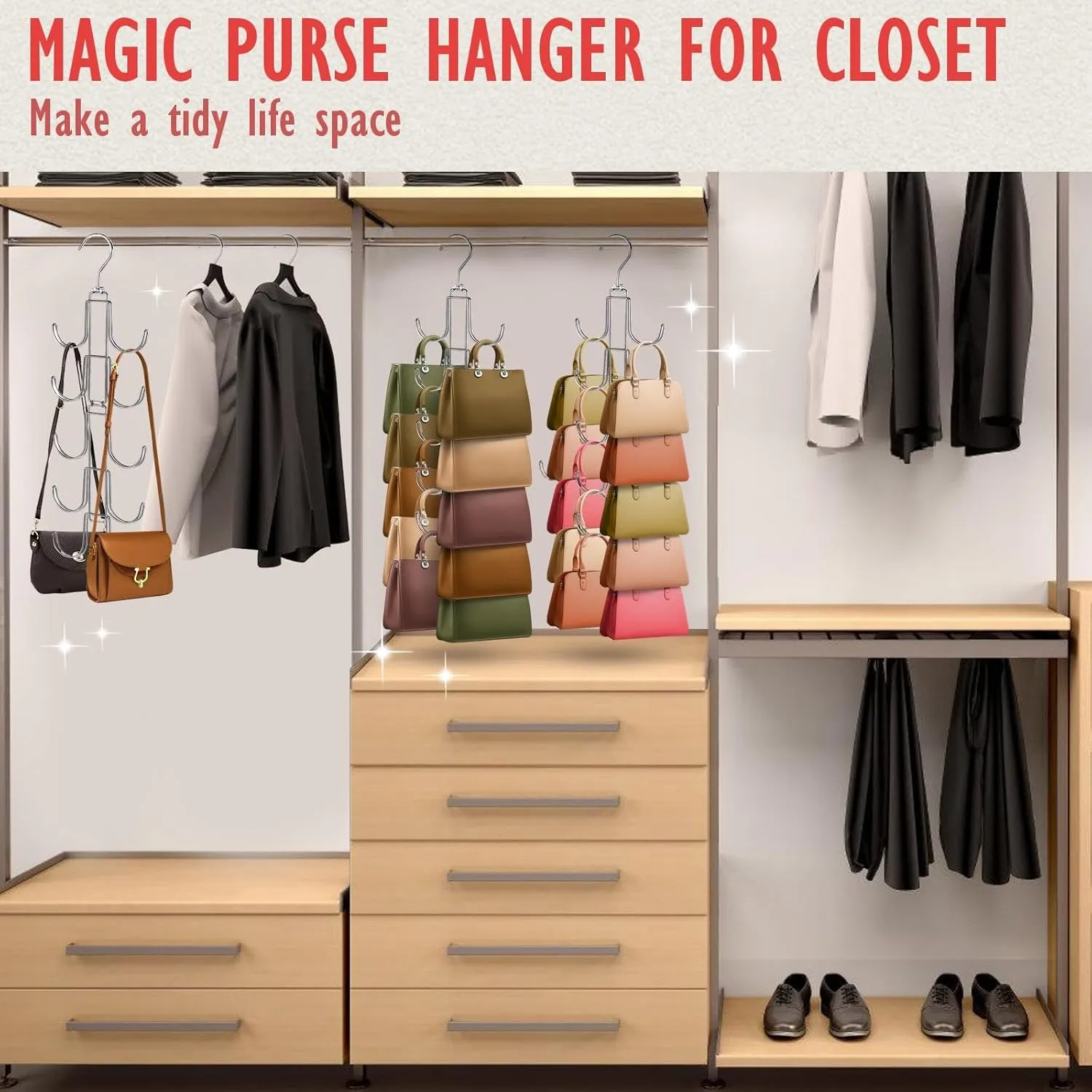 2 Pack Purse Organizer for Closet, Upgraded Purse Hangers with 20 Big Hooks, 360 Degree Rotation for Better Organizer and Display, Collapsible Space Saving Hangers Rack for Handbag, Tie, Silver