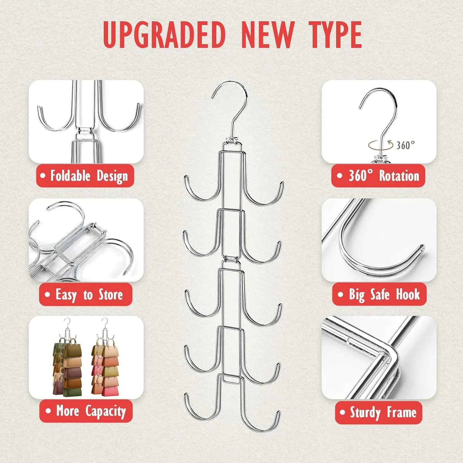 2 Pack Purse Organizer for Closet, Upgraded Purse Hangers with 20 Big Hooks, 360 Degree Rotation for Better Organizer and Display, Collapsible Space Saving Hangers Rack for Handbag, Tie, Silver