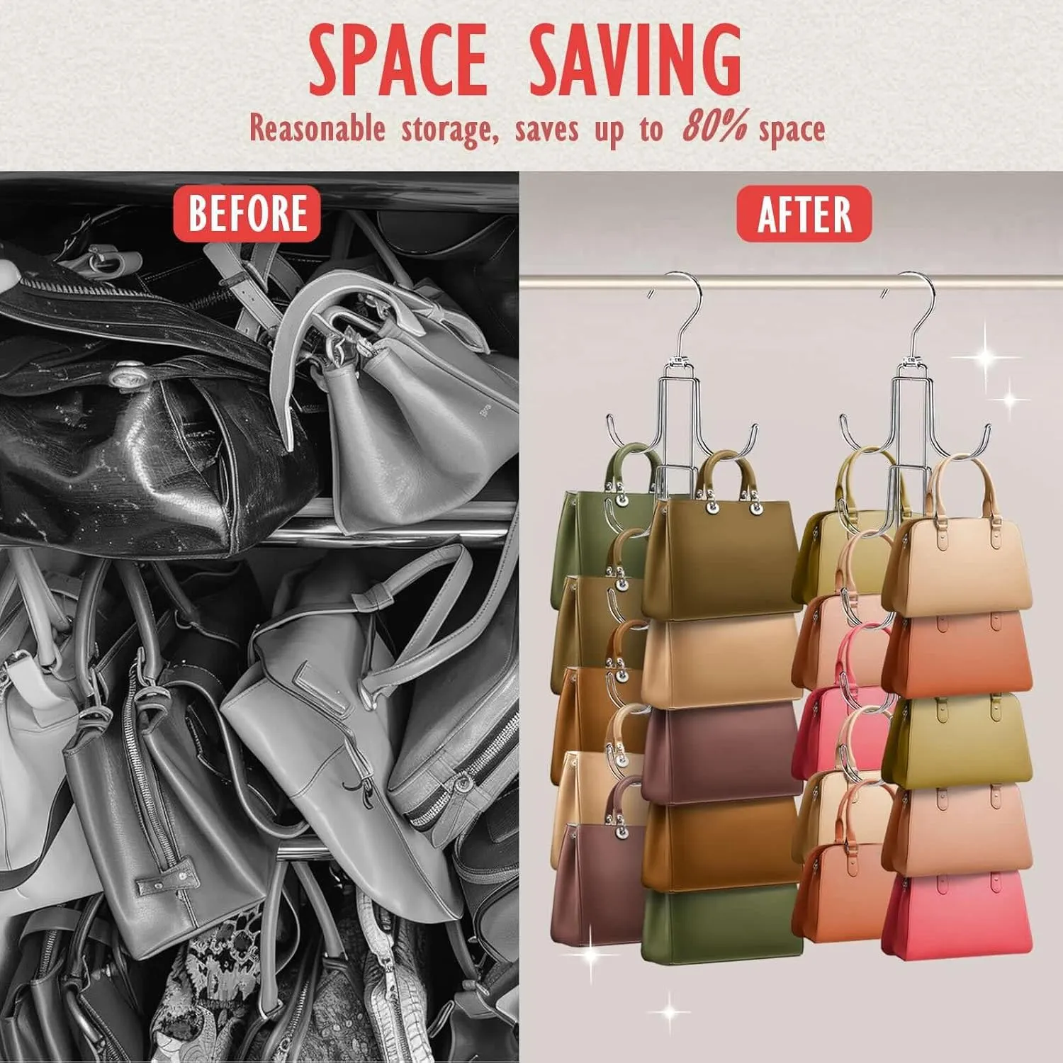 2 Pack Purse Organizer for Closet, Upgraded Purse Hangers with 20 Big Hooks, 360 Degree Rotation for Better Organizer and Display, Collapsible Space Saving Hangers Rack for Handbag, Tie, Silver