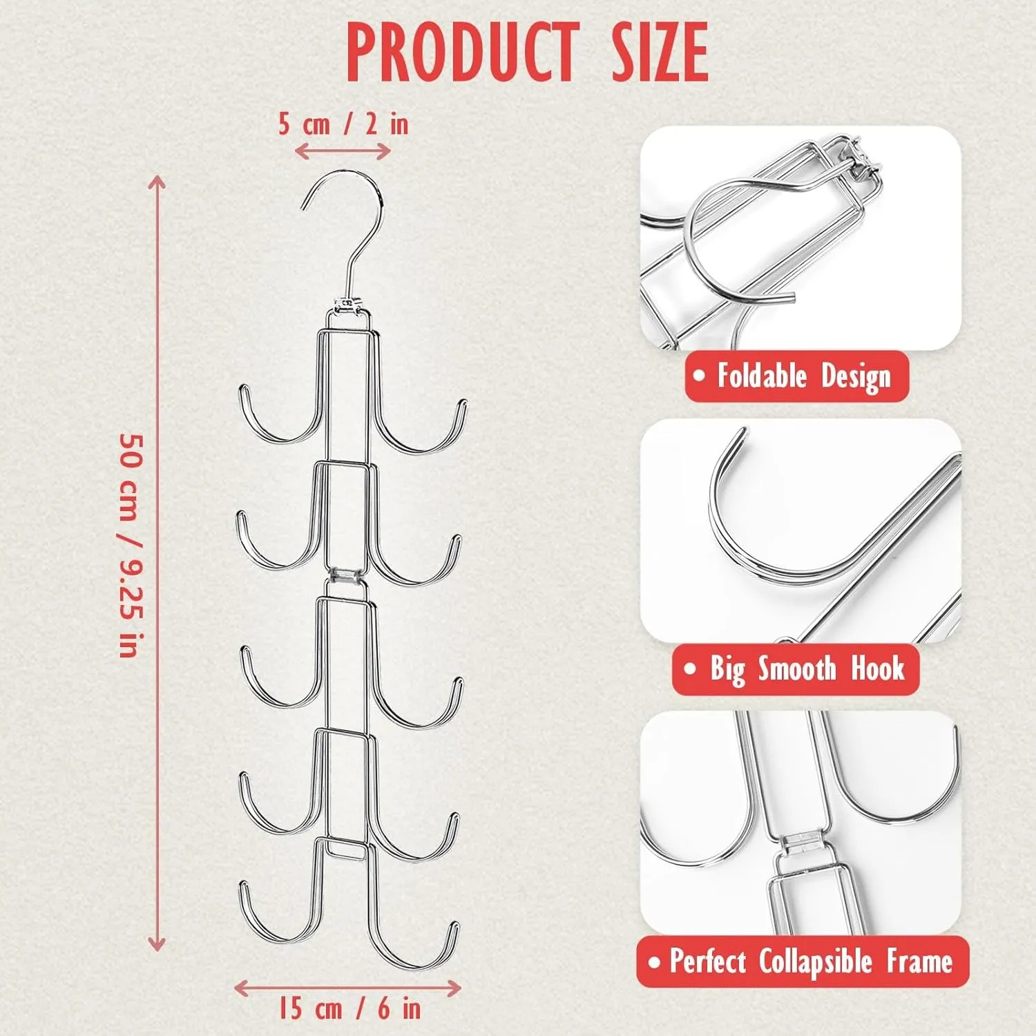2 Pack Purse Organizer for Closet, Upgraded Purse Hangers with 20 Big Hooks, 360 Degree Rotation for Better Organizer and Display, Collapsible Space Saving Hangers Rack for Handbag, Tie, Silver