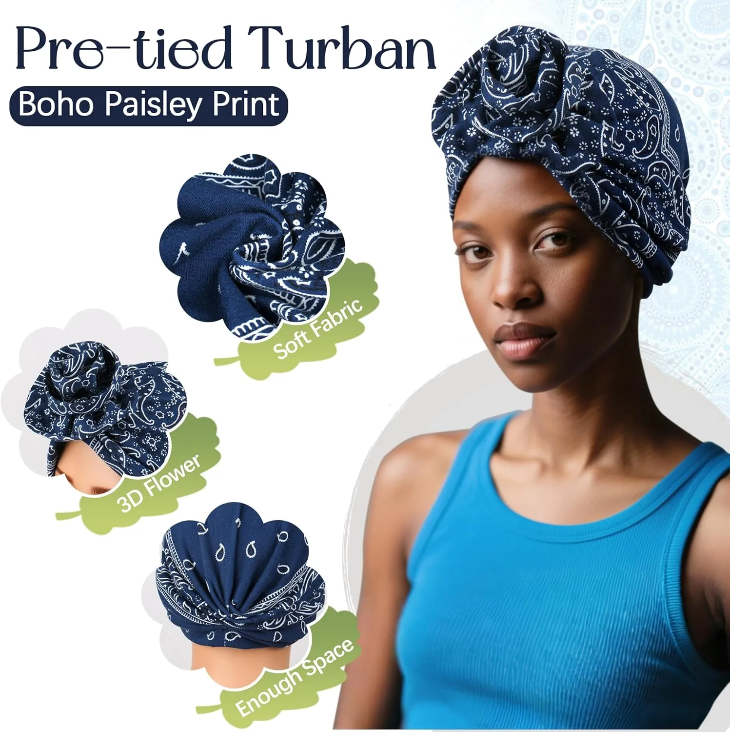 Babalet Turbans for Women Pre Tied 3D Flower Knot Head Wraps Paisley Headwear Cap Boho Fashion Beanie Cancer Chemo Bonnet