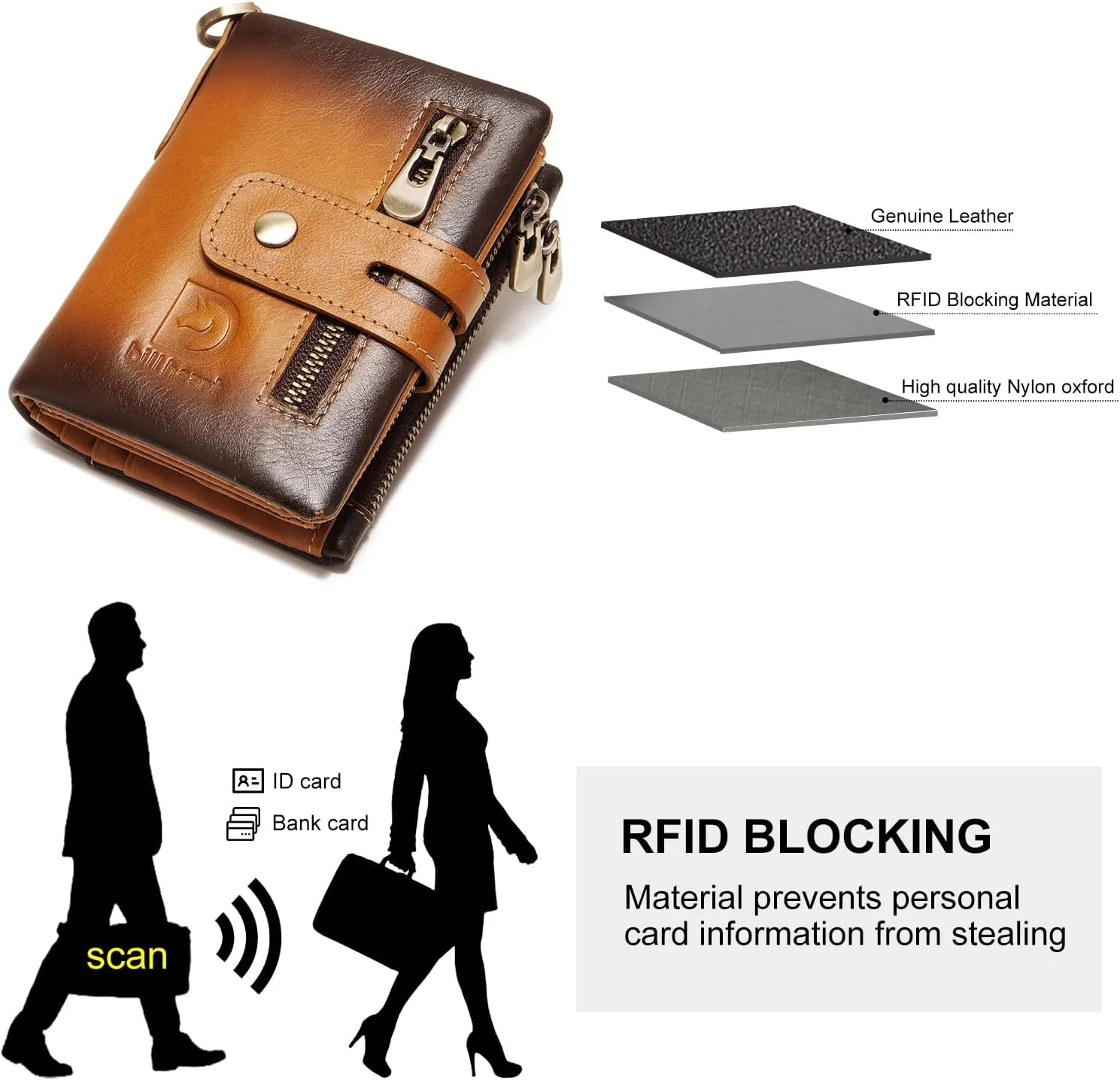 bill heart Genuine Leather Mens Wallet with Chain, RFID Blocking Biker Bifold Wallet with Anti-Theft Chain