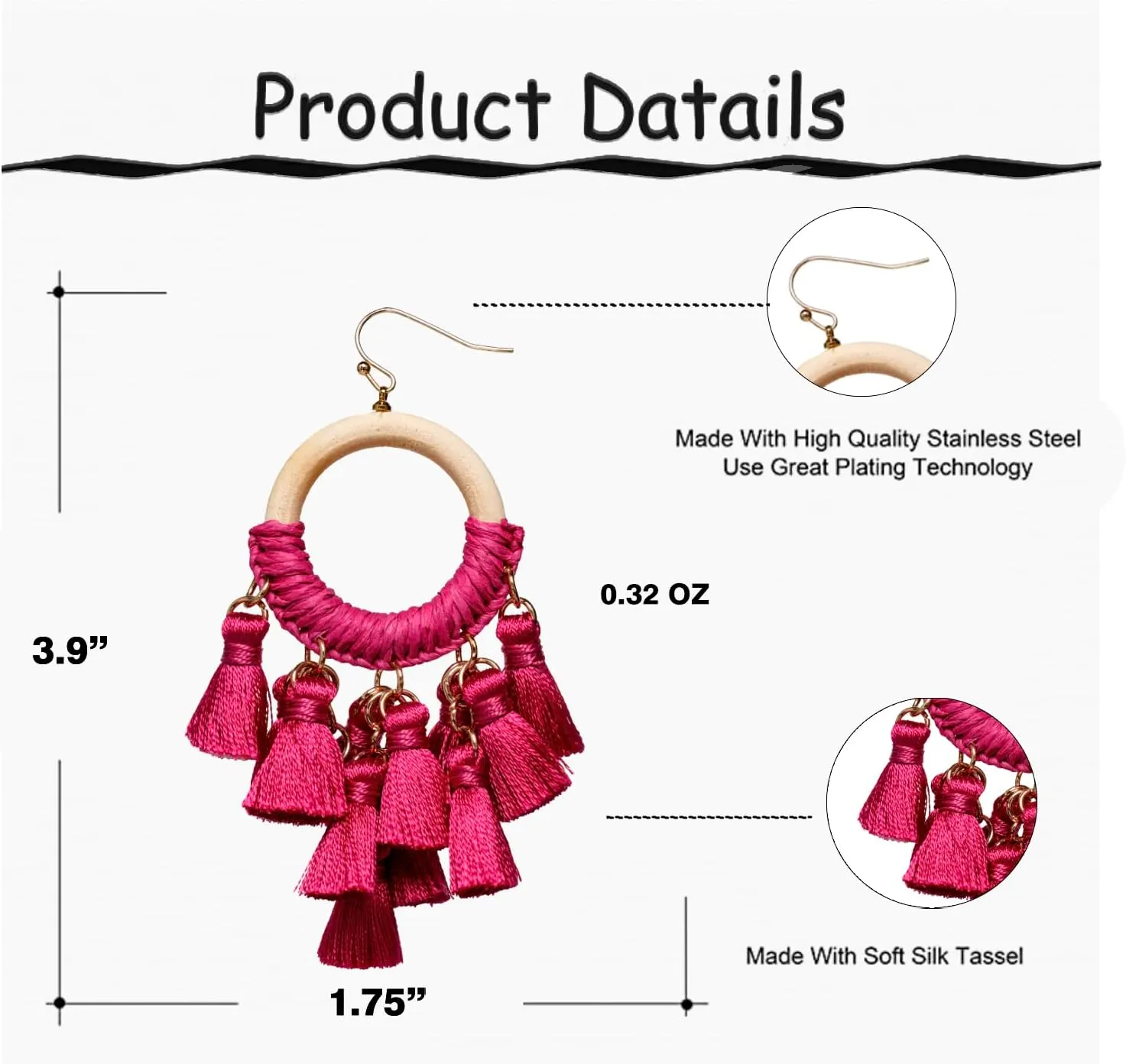 Boho Wooden Rings with Tassels Dangle Drop Earrings for Women