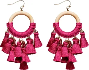 Boho Wooden Rings with Tassels Dangle Drop Earrings for Women