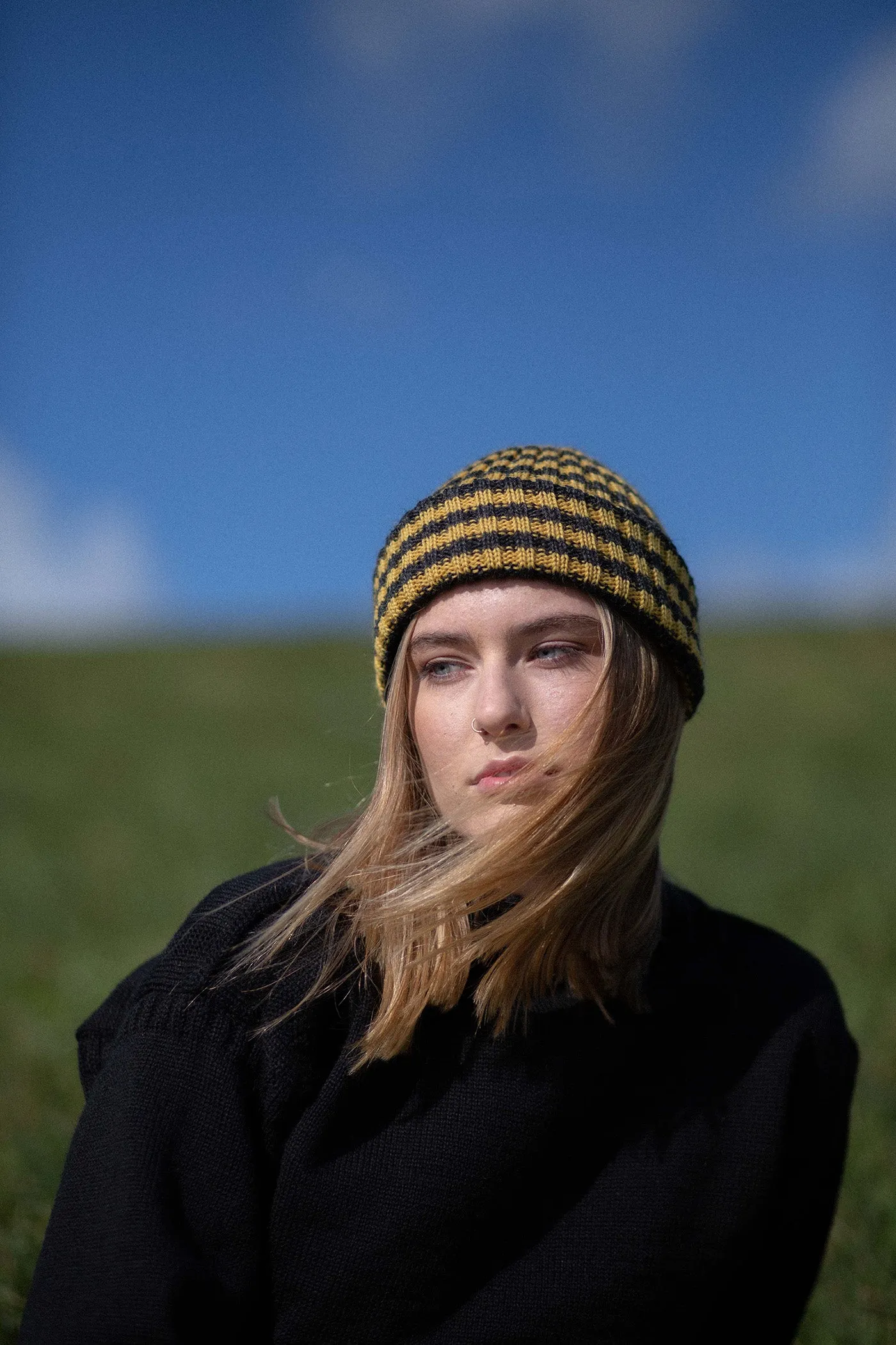 Charcoal & Mustard Yellow Striped Knitted Beanie
