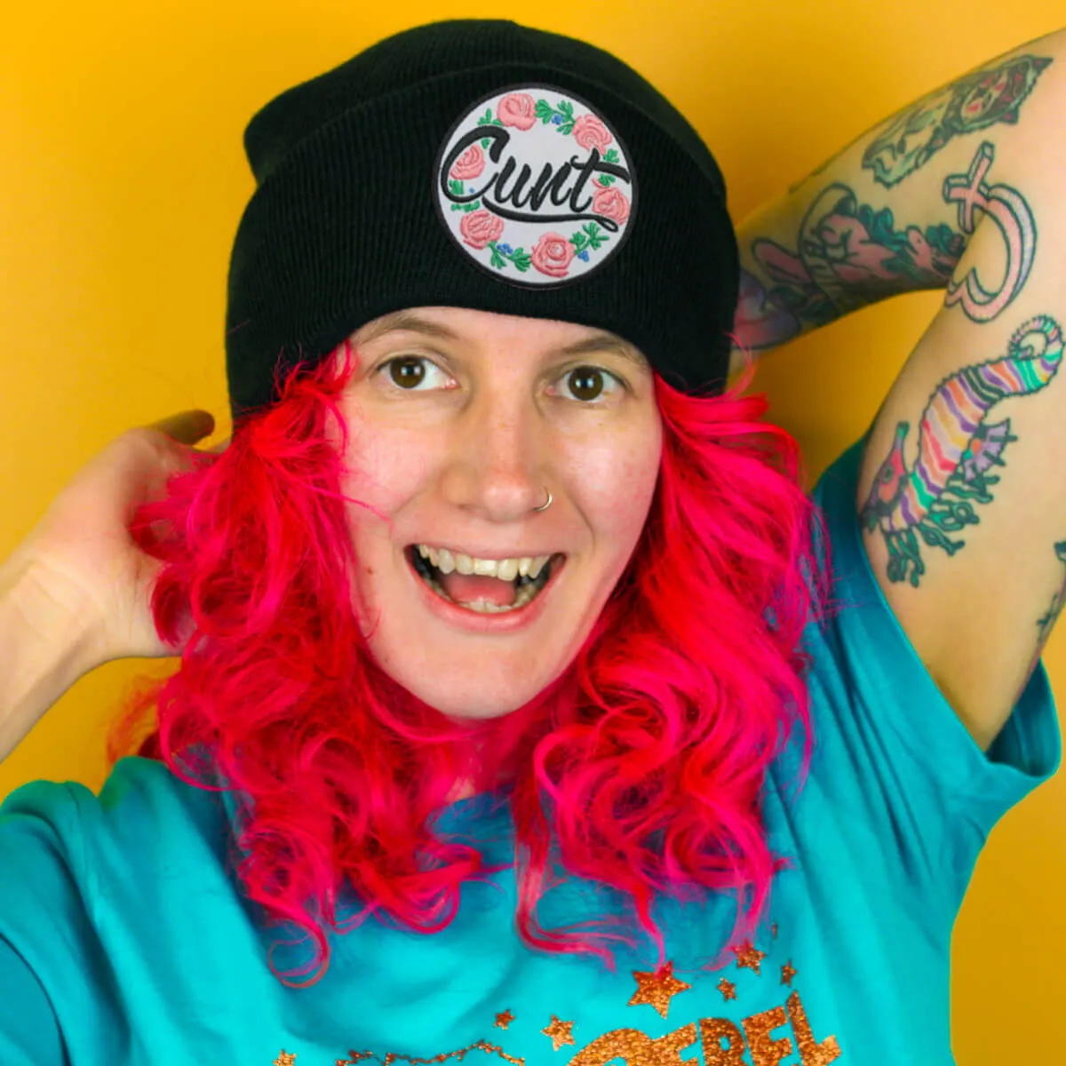 CUNT FLORAL PATCH BLACK BEANIE - PACK OF 3