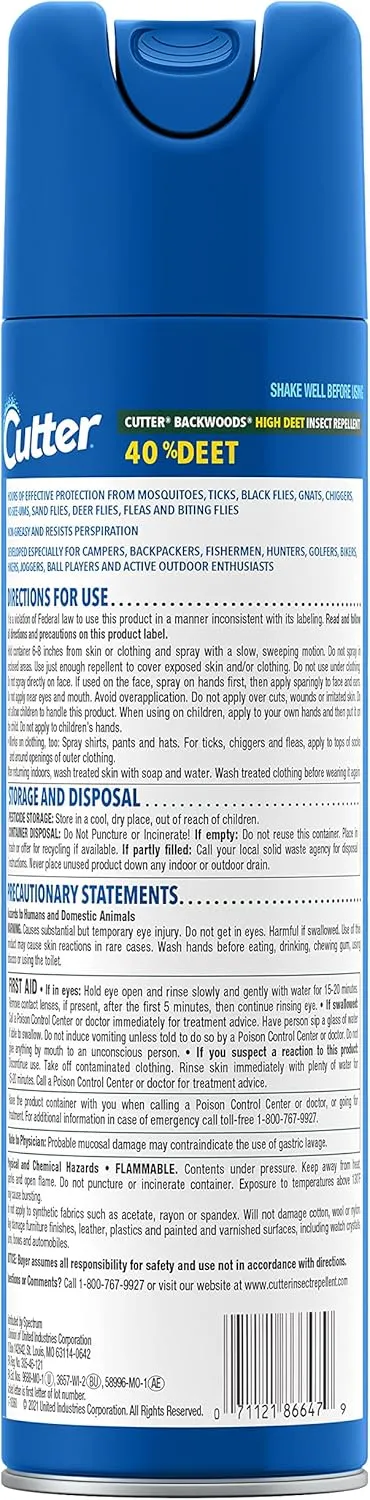 Cutter Backwoods High DEET Insect Repellent 11 oz, Aerosol, with 40% DEET