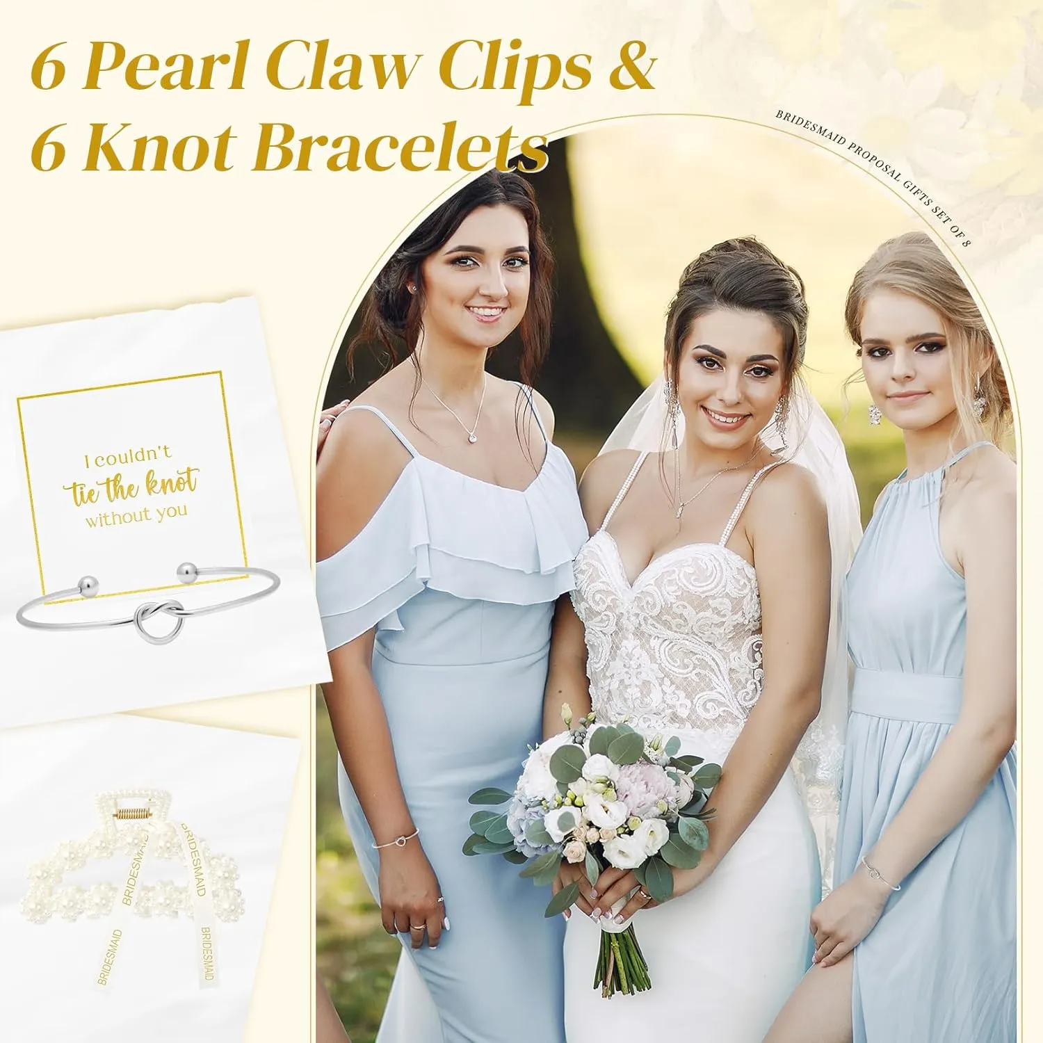 DEEKA 12 Pcs Bridesmaid Proposal Gifts, Pearl Hair Claw Clips & Bridesmaid Knot Bracelet Bachelorette Party Wedding Favors Bridal Party Present Hair Accessories for Women(Silver Bracelets)