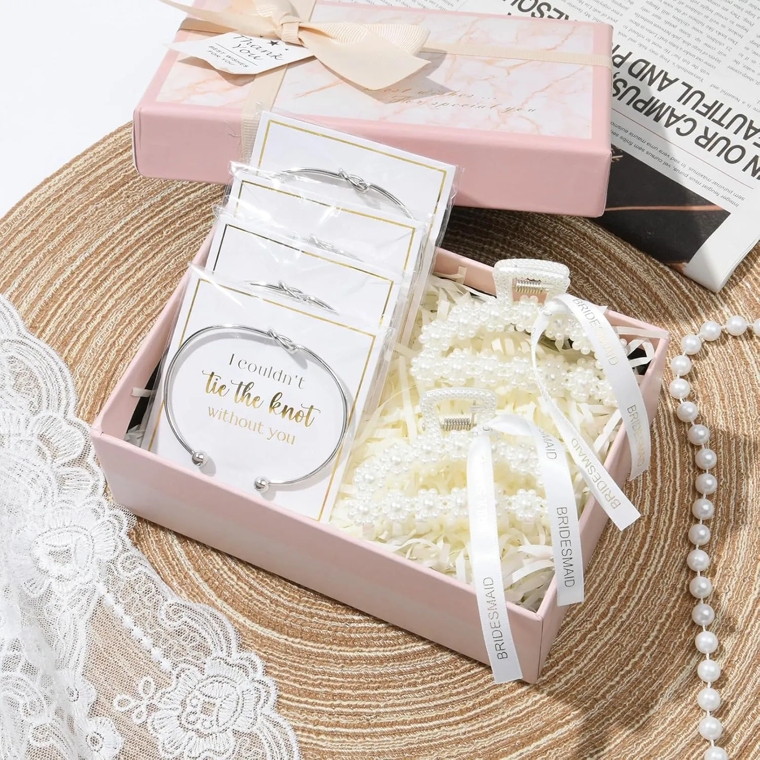 DEEKA 12 Pcs Bridesmaid Proposal Gifts, Pearl Hair Claw Clips & Bridesmaid Knot Bracelet Bachelorette Party Wedding Favors Bridal Party Present Hair Accessories for Women(Silver Bracelets)