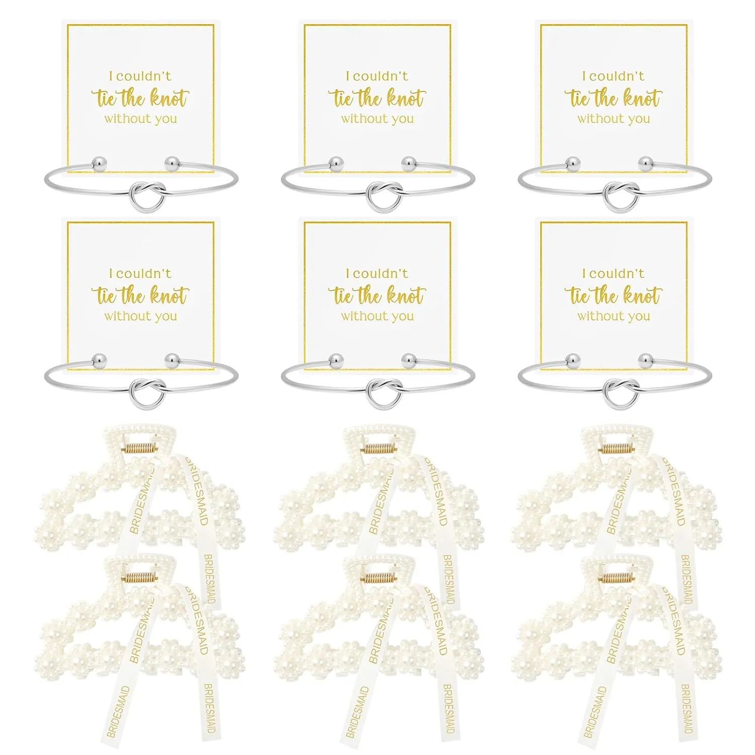 DEEKA 12 Pcs Bridesmaid Proposal Gifts, Pearl Hair Claw Clips & Bridesmaid Knot Bracelet Bachelorette Party Wedding Favors Bridal Party Present Hair Accessories for Women(Silver Bracelets)