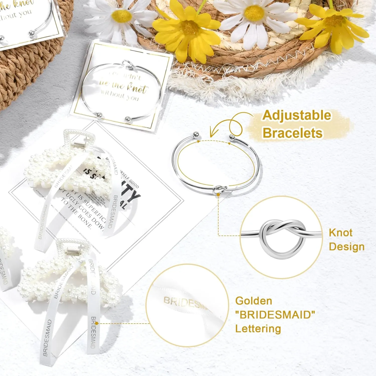 DEEKA 12 Pcs Bridesmaid Proposal Gifts, Pearl Hair Claw Clips & Bridesmaid Knot Bracelet Bachelorette Party Wedding Favors Bridal Party Present Hair Accessories for Women(Silver Bracelets)