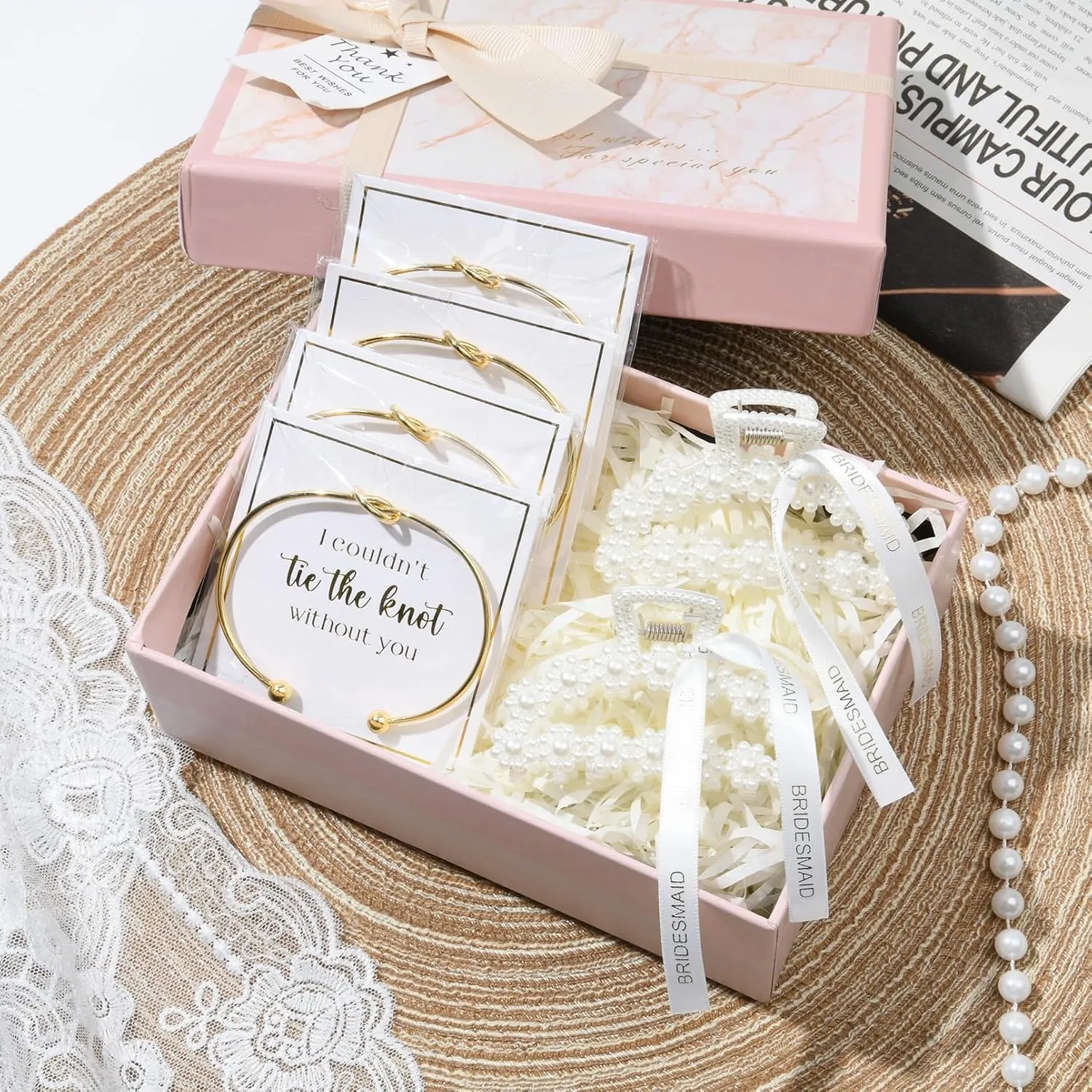 DEEKA 16 Pcs Bridesmaid Proposal Gifts, Pearl Hair Claw Clips & Bridesmaid Knot Bracelet Bachelorette Party Wedding Favors Bridal Party Present Hair Accessories for Women(Gold Bracelets)