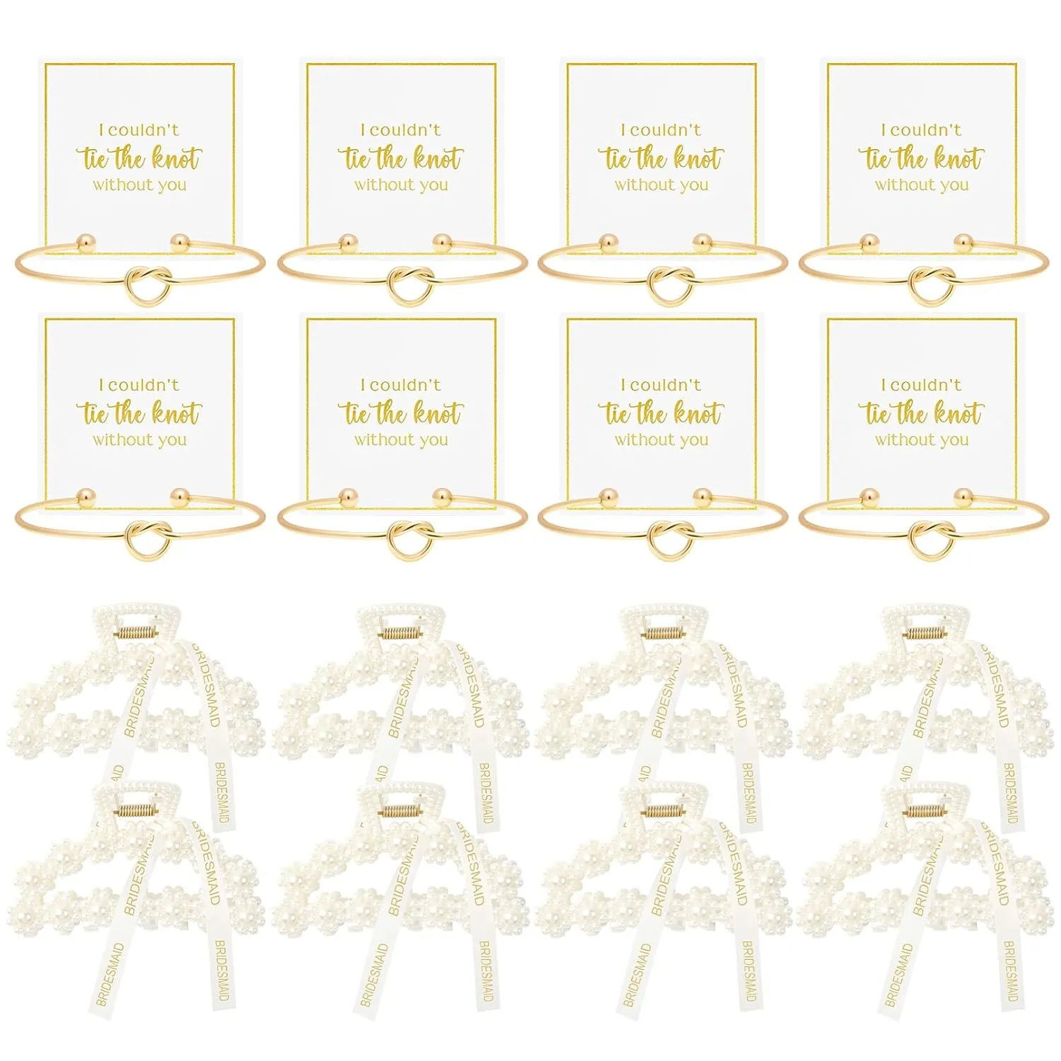 DEEKA 16 Pcs Bridesmaid Proposal Gifts, Pearl Hair Claw Clips & Bridesmaid Knot Bracelet Bachelorette Party Wedding Favors Bridal Party Present Hair Accessories for Women(Gold Bracelets)