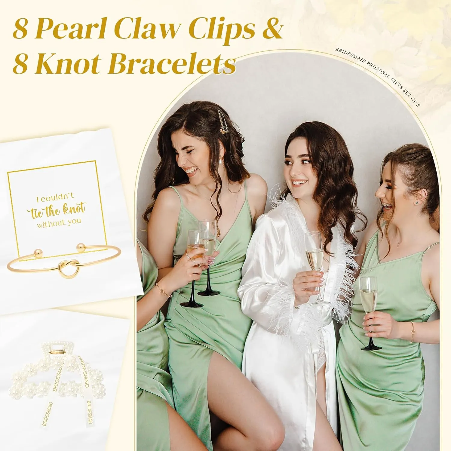 DEEKA 16 Pcs Bridesmaid Proposal Gifts, Pearl Hair Claw Clips & Bridesmaid Knot Bracelet Bachelorette Party Wedding Favors Bridal Party Present Hair Accessories for Women(Gold Bracelets)