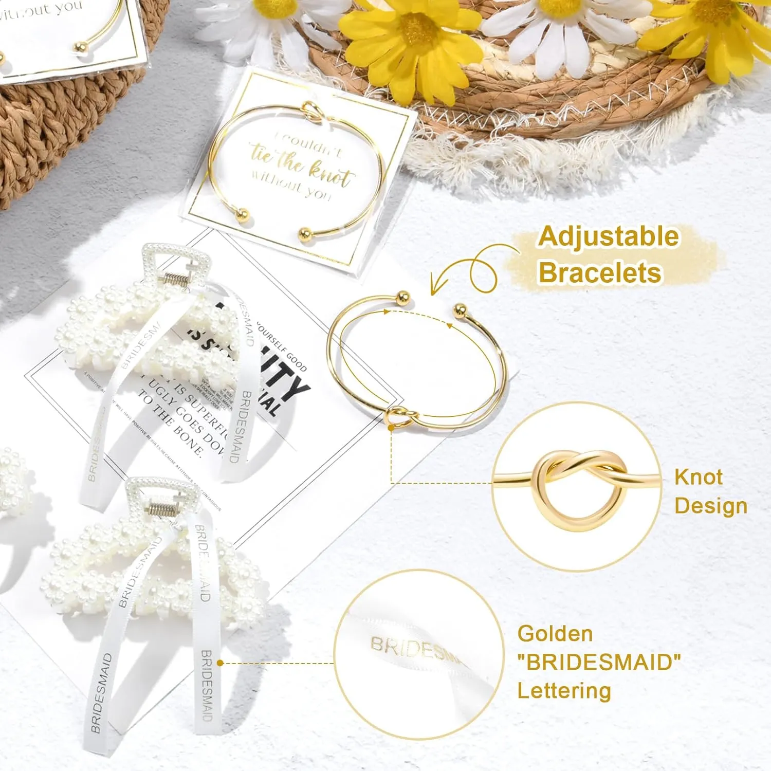 DEEKA 16 Pcs Bridesmaid Proposal Gifts, Pearl Hair Claw Clips & Bridesmaid Knot Bracelet Bachelorette Party Wedding Favors Bridal Party Present Hair Accessories for Women(Gold Bracelets)