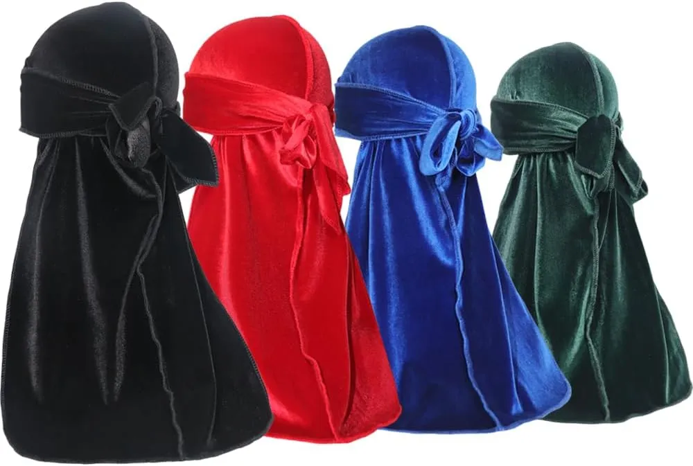 ForceWave Velvet Durags for Men Premium Du Rags Pack of 4 for Men Women with Long Tail and Wide Strap