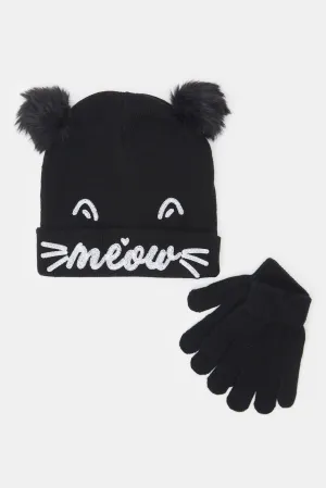 Girls Black Embellished Cap And Gloves Set (Pack Of 2)
