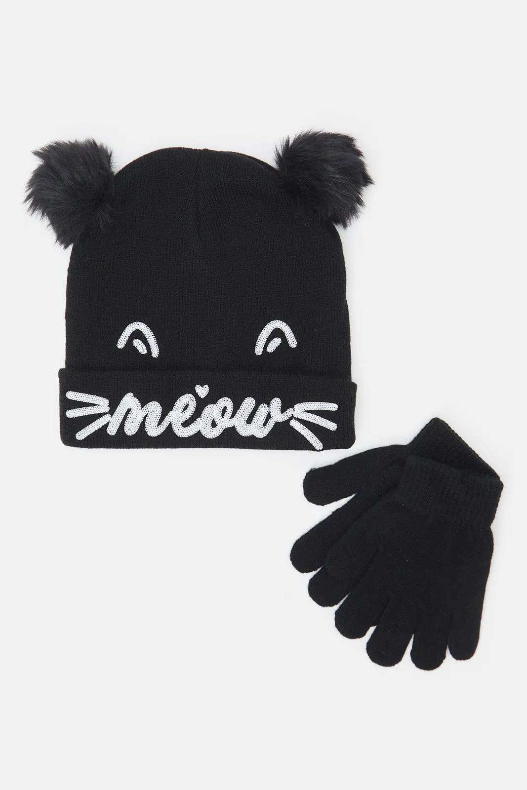 Girls Black Embellished Cap And Gloves Set (Pack Of 2)
