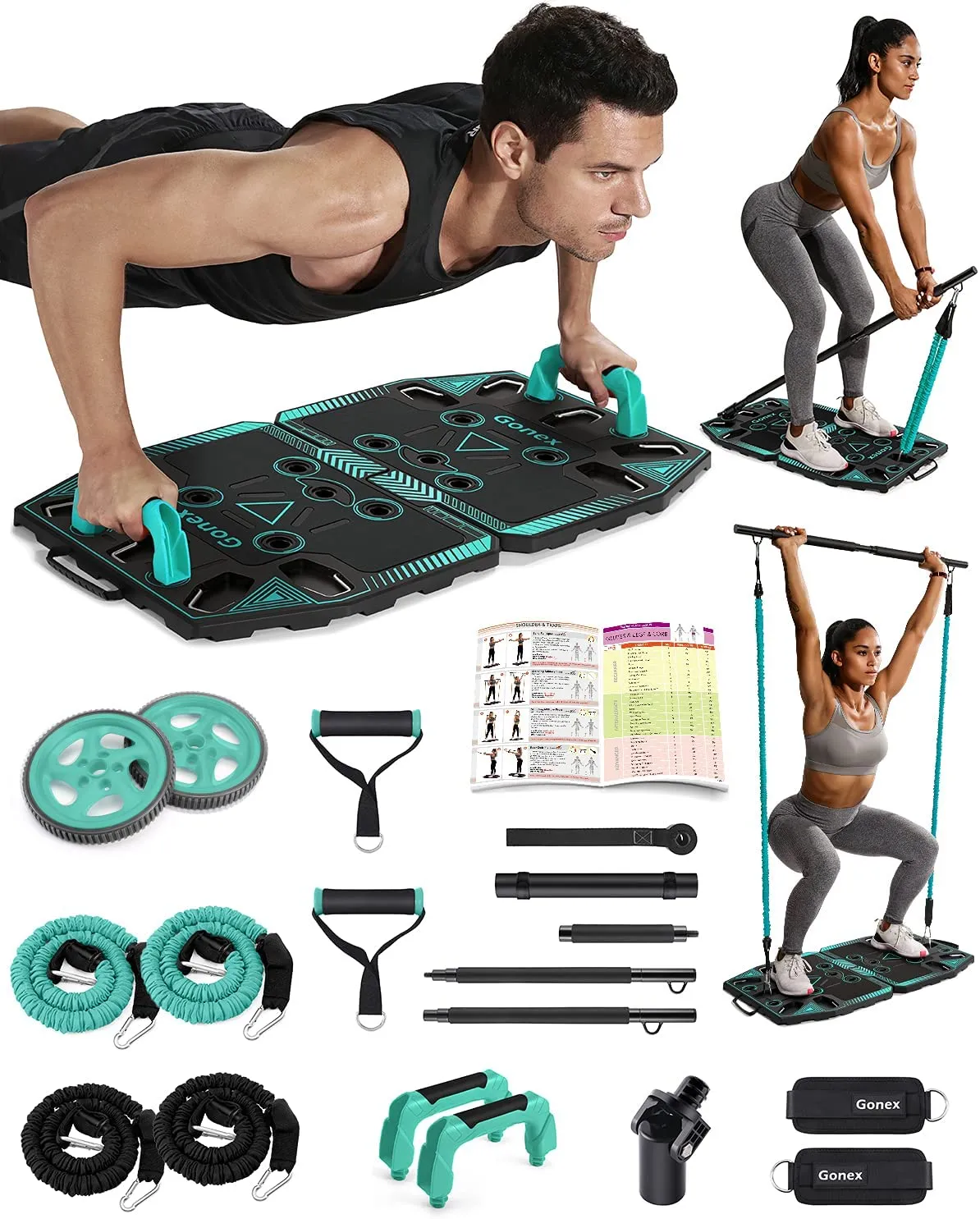 Gonex Portable Home Gym Workout Equipment with 14 Exercise Accessories Ab Roller Wheel,Elastic Resistance Bands,Push-up Stand,Post Landmine Sleeve and More for Full Body Workouts System