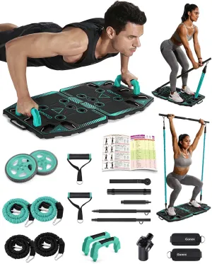 Gonex Portable Home Gym Workout Equipment with 14 Exercise Accessories Ab Roller Wheel,Elastic Resistance Bands,Push-up Stand,Post Landmine Sleeve and More for Full Body Workouts System