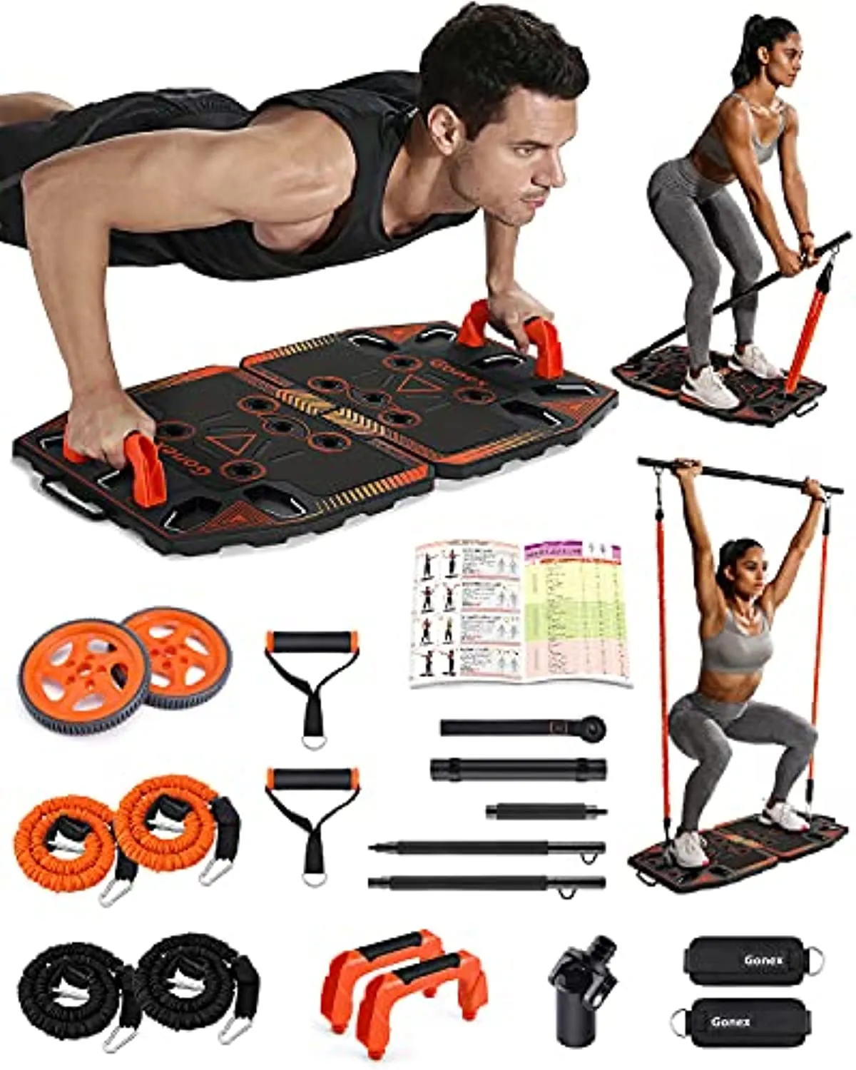 Gonex Portable Home Gym Workout Equipment with 14 Exercise Accessories Ab Roller Wheel,Elastic Resistance Bands,Push-up Stand,Post Landmine Sleeve and More for Full Body Workouts System