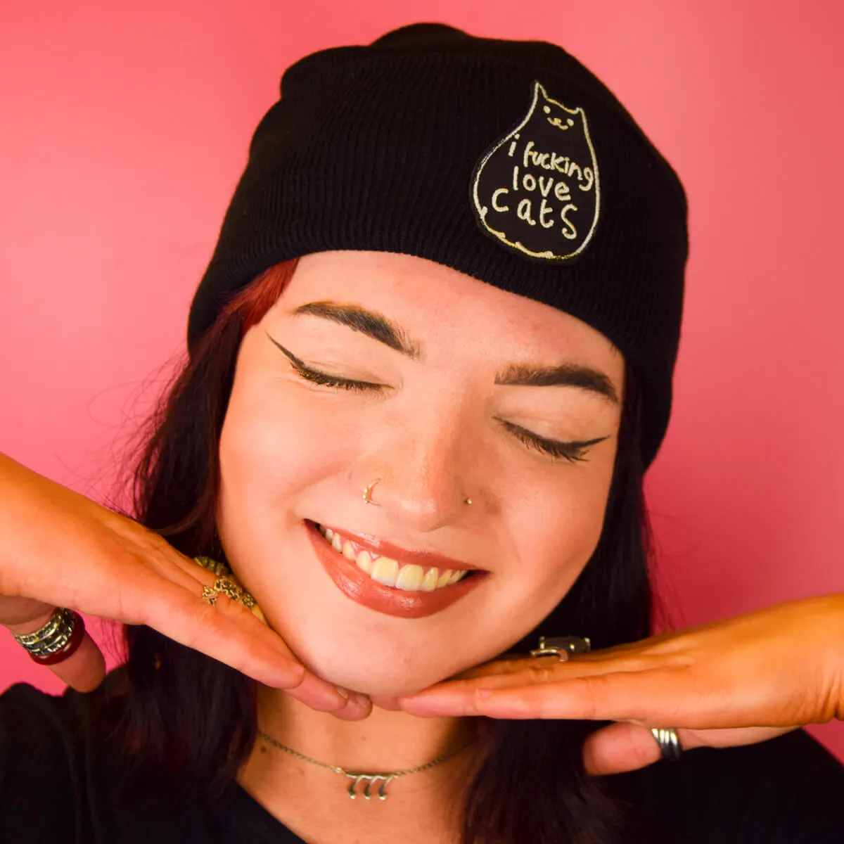 I FUCKING LOVE CATS PATCH BLACK BEANIE - PACK OF 3