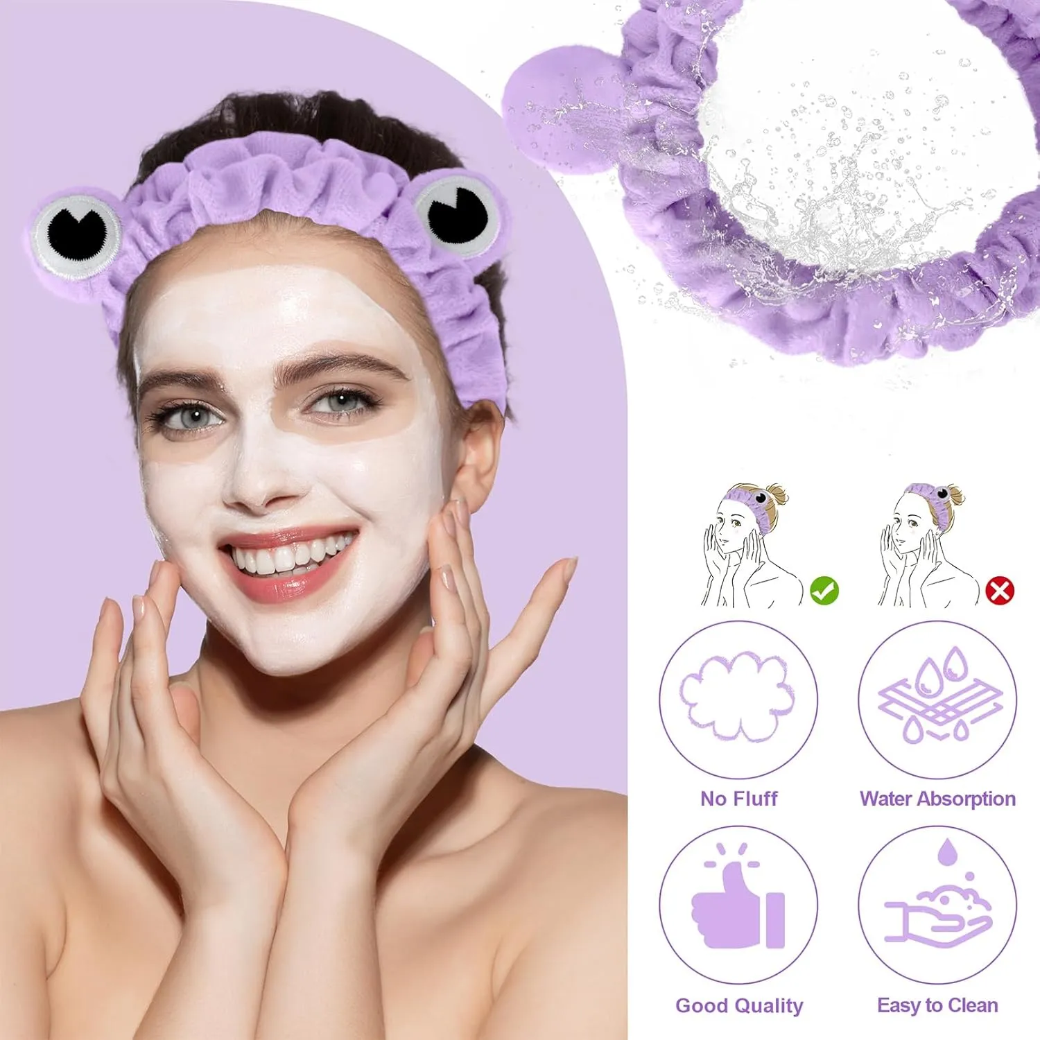 Jowmoy Purple Frog Eye Elastic Headband - Versatile for Spa, Skincare, Makeup, Face Wash, Fun Gift for Women (1 Pack)