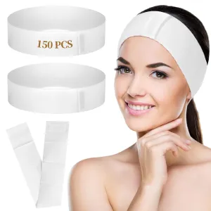 JUSTDOLIFE 150 PCS Disposable Spa Headbands, Elastic Headband Wrap with Adjustable Closure, Stretch Non-Woven Facial Bandeau, Soft Skin Care Essential Headbands with Sticking Fastener