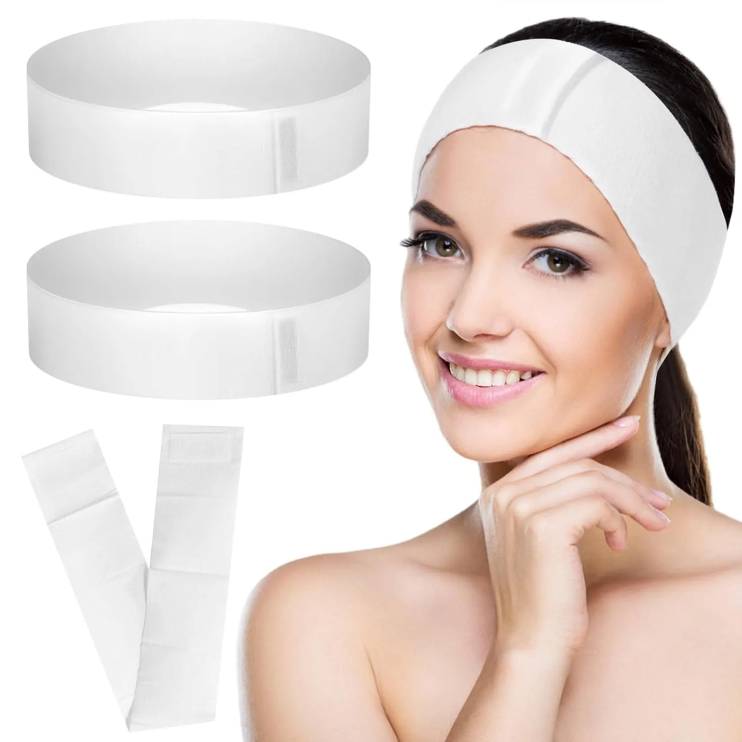 JUSTDOLIFE 150 PCS Disposable Spa Headbands, Elastic Headband Wrap with Adjustable Closure, Stretch Non-Woven Facial Bandeau, Soft Skin Care Essential Headbands with Sticking Fastener