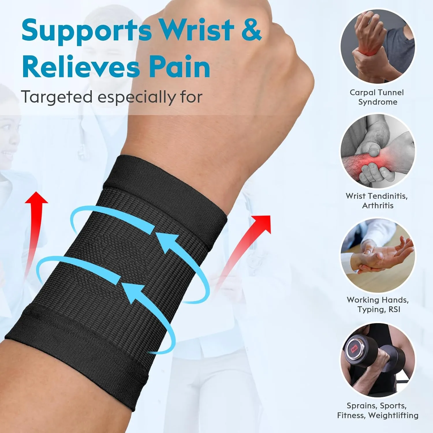 KEKING Compression Wrist Sleeves for Women Men, 1 Pair, Premium Wrist Support Bands for Carpal Tunnel, Improve Circulation & Recovery, Tendonitis, Tennis, Sports - Wrist Brace Wrist Wraps, Black XL