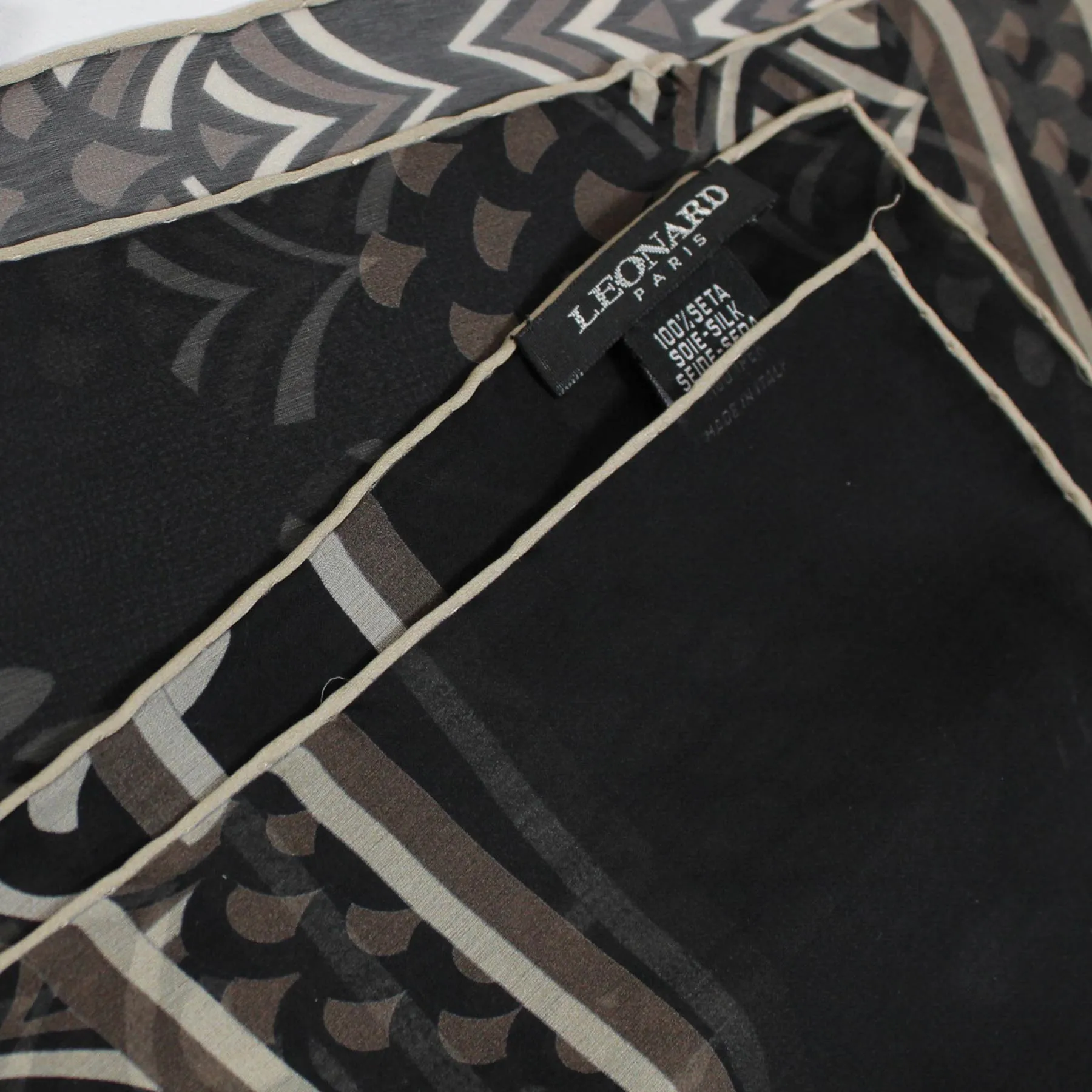 Leonard Paris Chiffon Silk Scarf Black Taupe Gray SALE