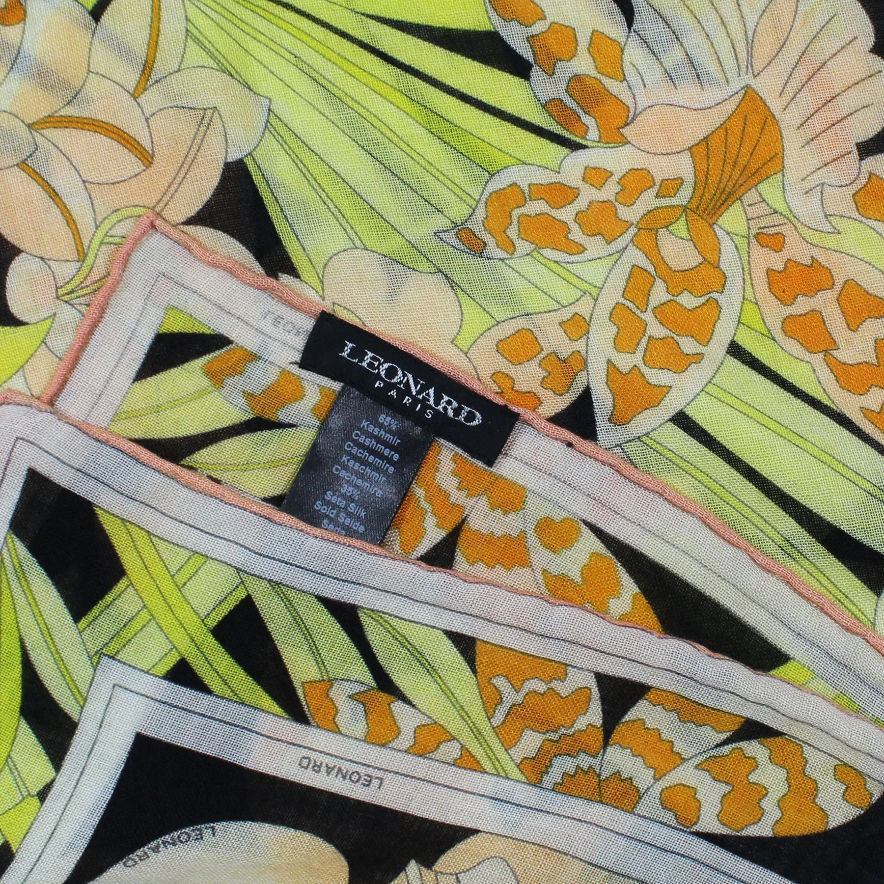 Leonard Paris Scarf Black Yellow Orange Floral - Extra Large Square Cashmere Silk Wrap SALE
