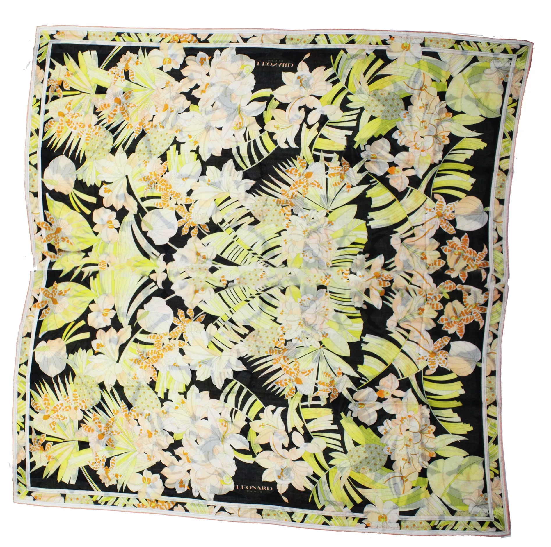 Leonard Paris Scarf Black Yellow Orange Floral - Extra Large Square Cashmere Silk Wrap SALE