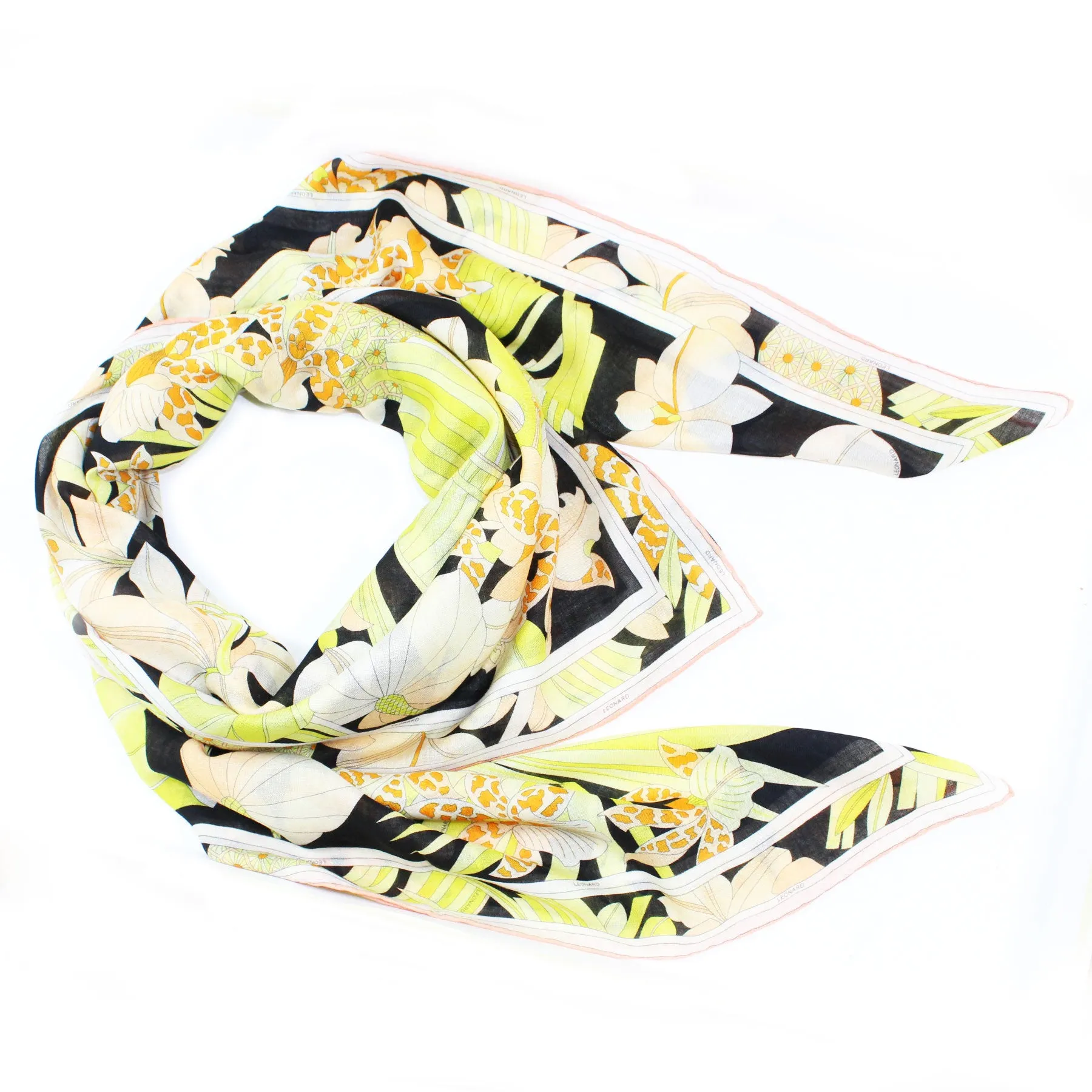 Leonard Paris Scarf Black Yellow Orange Floral - Extra Large Square Cashmere Silk Wrap SALE