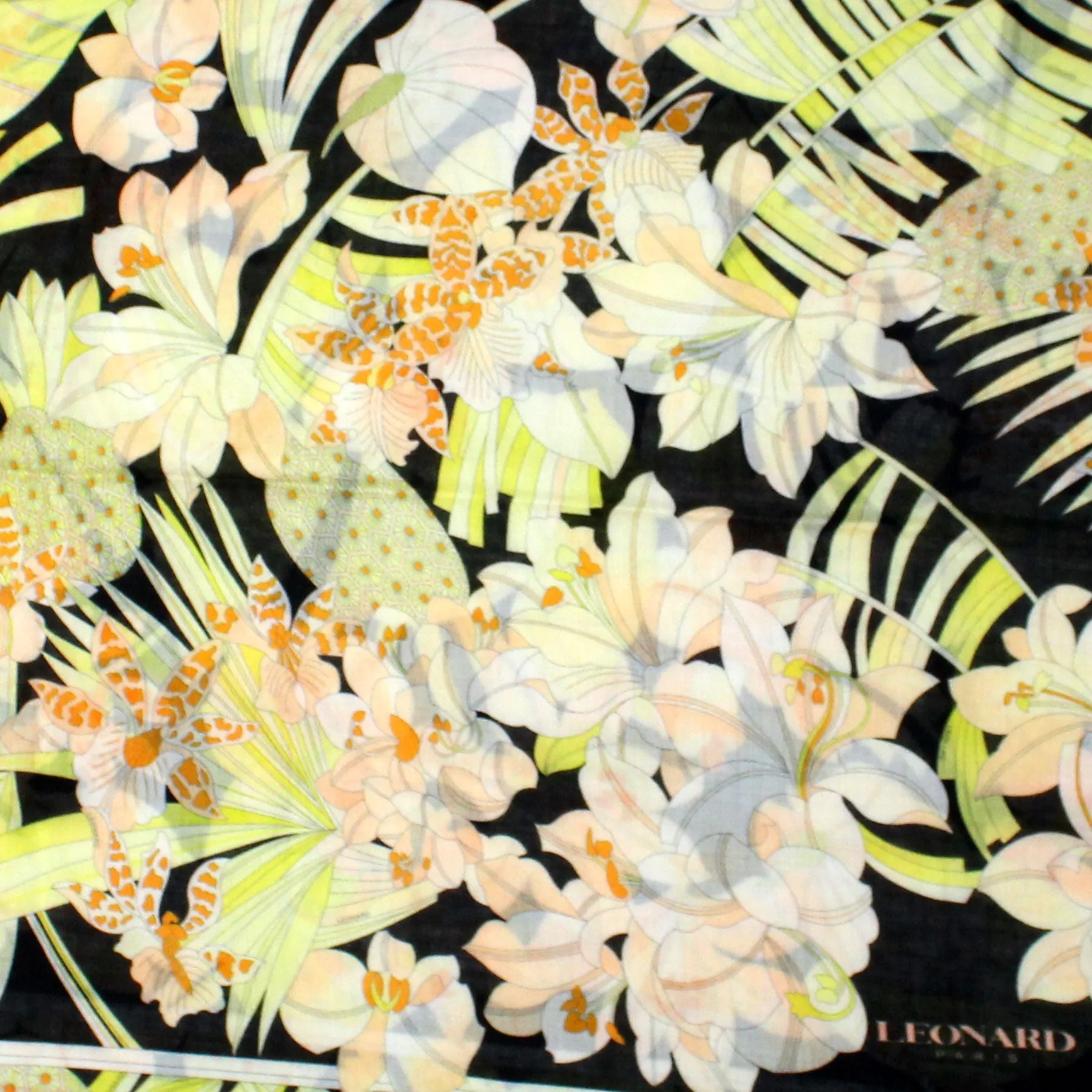 Leonard Paris Scarf Black Yellow Orange Floral - Extra Large Square Cashmere Silk Wrap SALE