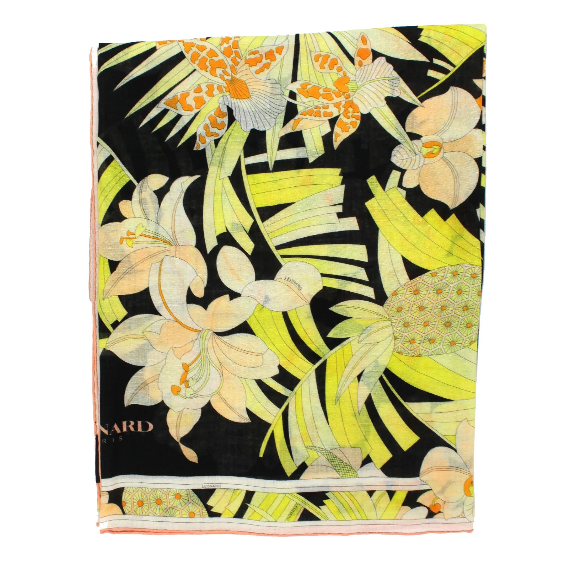 Leonard Paris Scarf Black Yellow Orange Floral - Extra Large Square Cashmere Silk Wrap SALE