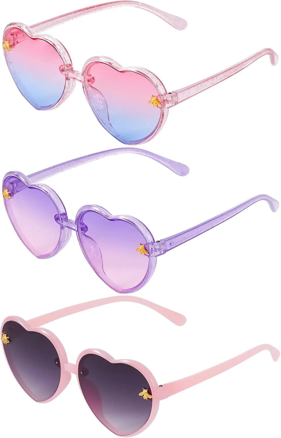 obmwang 3 Pieces Kids Heart Shaped Sunglasses Stylish Cute Bee Sunglasses for Toddler Girls Age 3-10 Outdoor Beach Eyewear