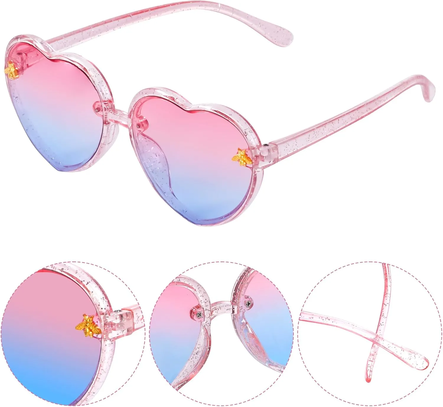 obmwang 3 Pieces Kids Heart Shaped Sunglasses Stylish Cute Bee Sunglasses for Toddler Girls Age 3-10 Outdoor Beach Eyewear