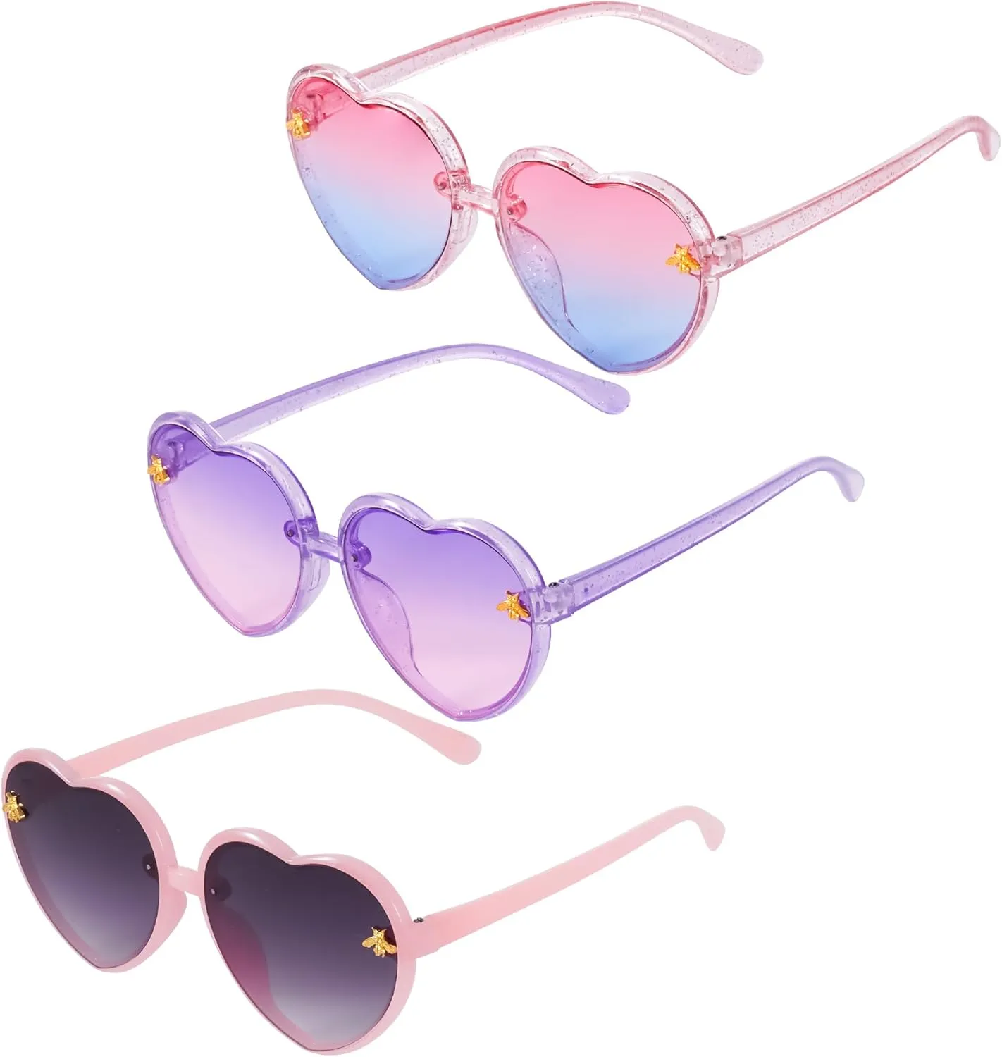 obmwang 3 Pieces Kids Heart Shaped Sunglasses Stylish Cute Bee Sunglasses for Toddler Girls Age 3-10 Outdoor Beach Eyewear