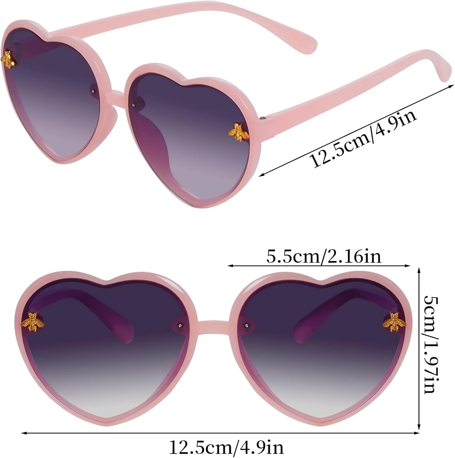 obmwang 3 Pieces Kids Heart Shaped Sunglasses Stylish Cute Bee Sunglasses for Toddler Girls Age 3-10 Outdoor Beach Eyewear