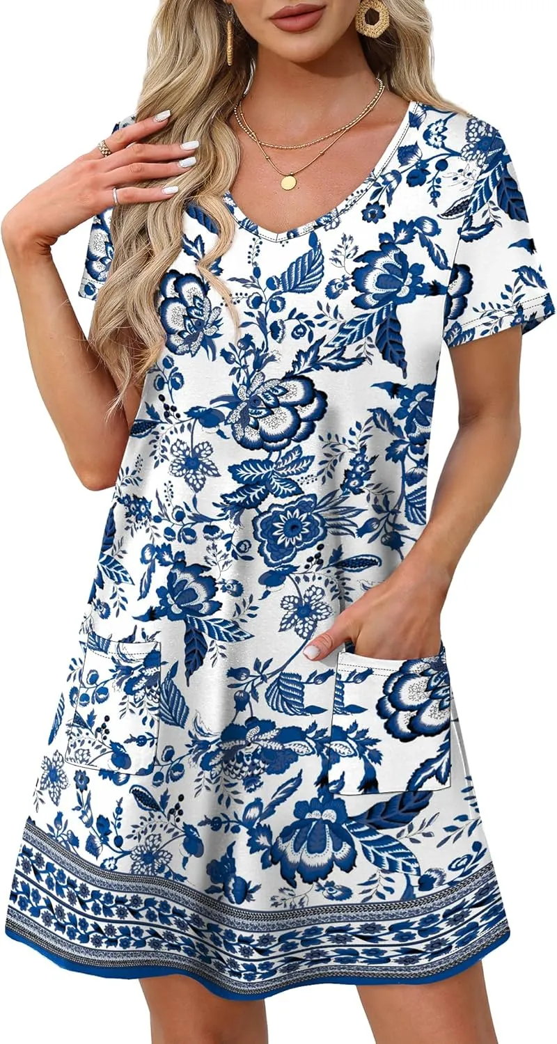 OFEEFAN Summer Dresses for Women 2025 Loose V Neck Short Sleeve Casual T Shirt Dress Sundresses Swimsuit Coverup with Pockets