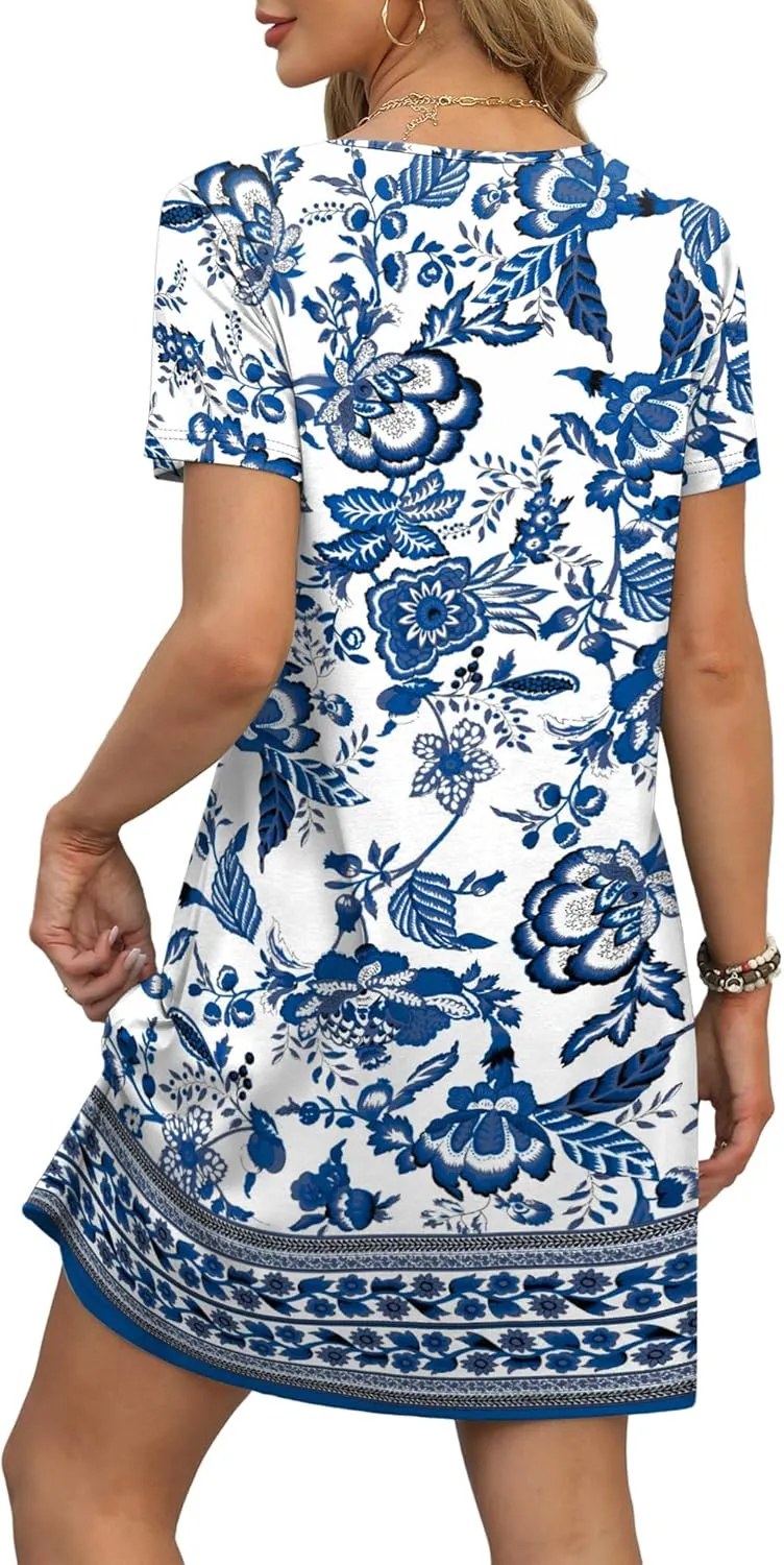 OFEEFAN Summer Dresses for Women 2025 Loose V Neck Short Sleeve Casual T Shirt Dress Sundresses Swimsuit Coverup with Pockets