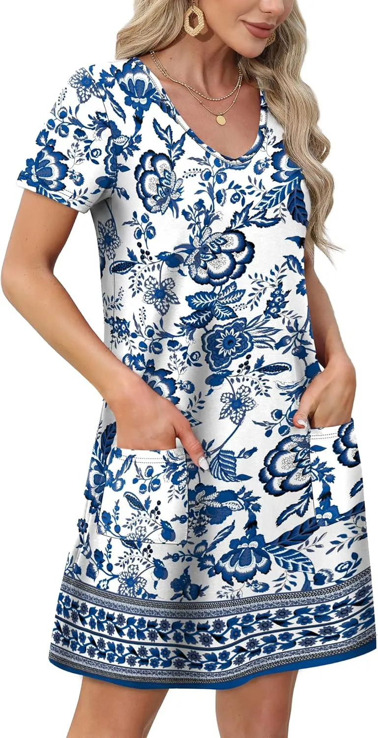 OFEEFAN Summer Dresses for Women 2025 Loose V Neck Short Sleeve Casual T Shirt Dress Sundresses Swimsuit Coverup with Pockets