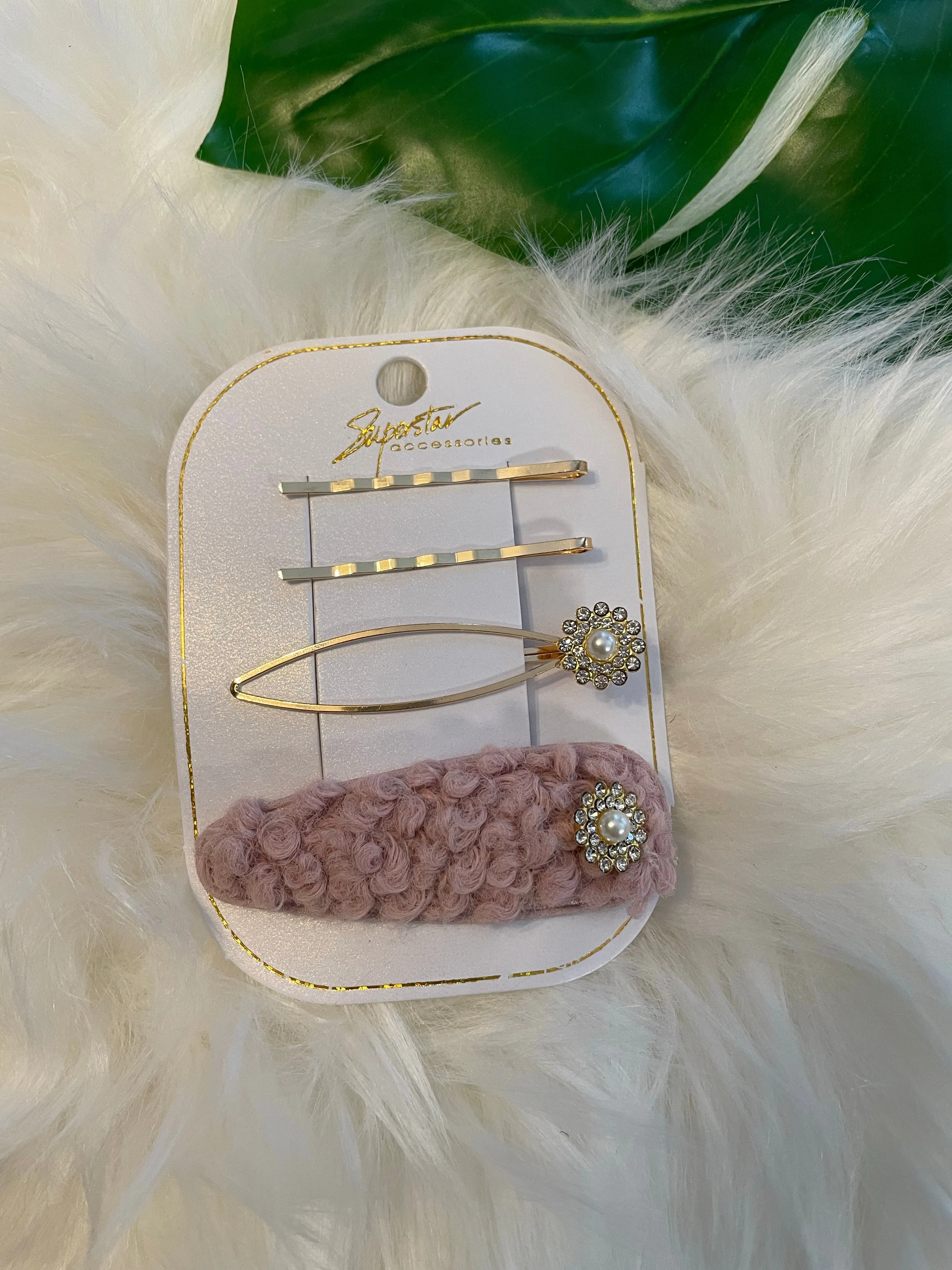 Pearl Flowers and Fur Hair Clips
