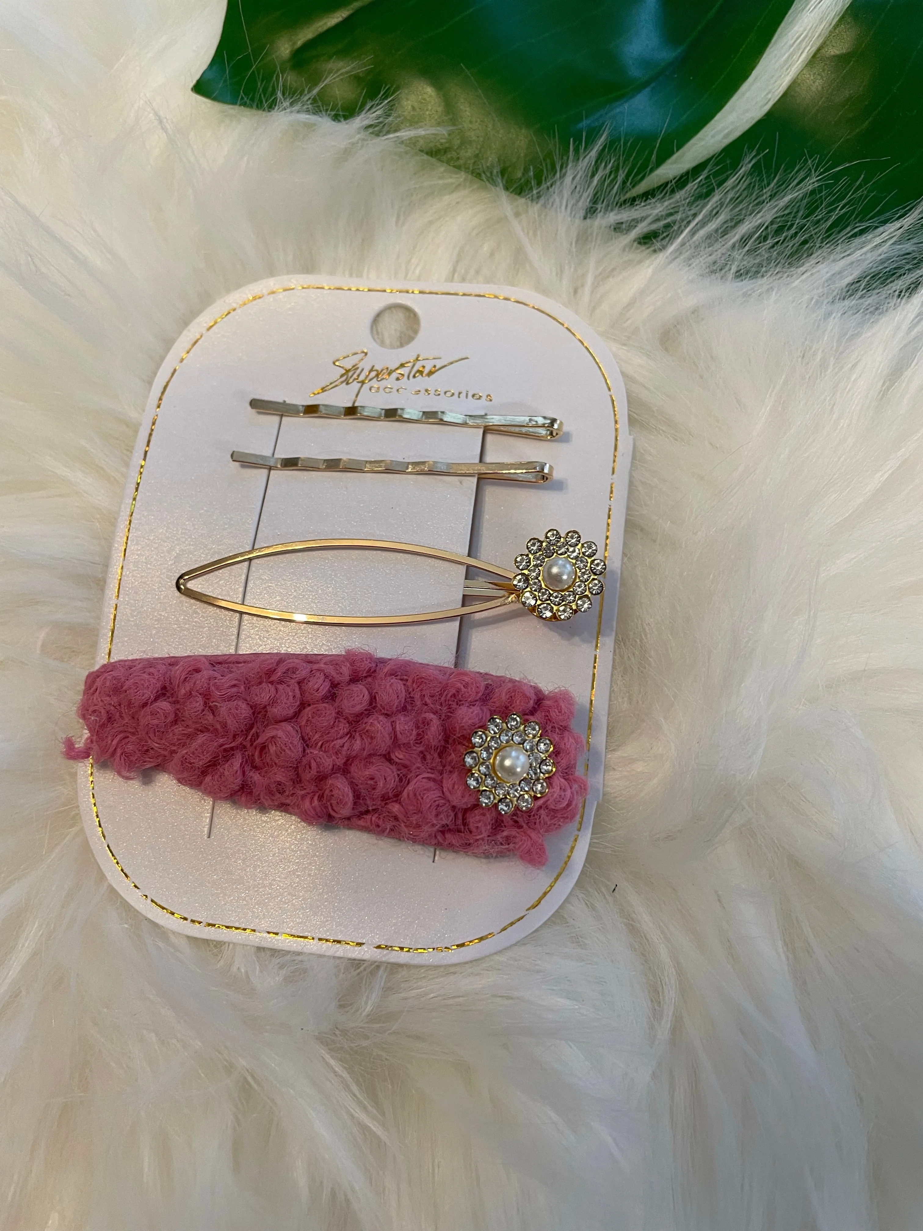 Pearl Flowers and Fur Hair Clips