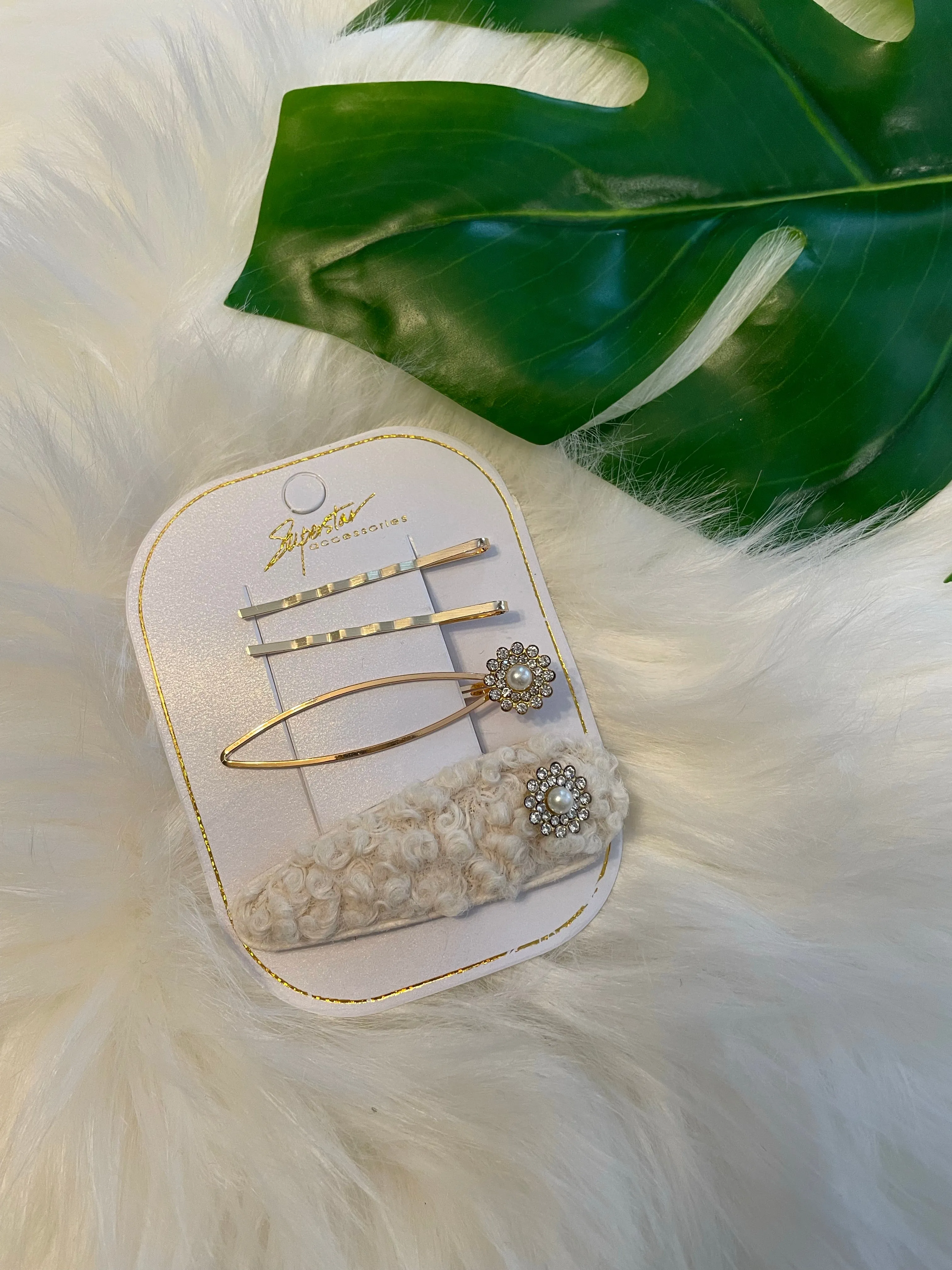 Pearl Flowers and Fur Hair Clips