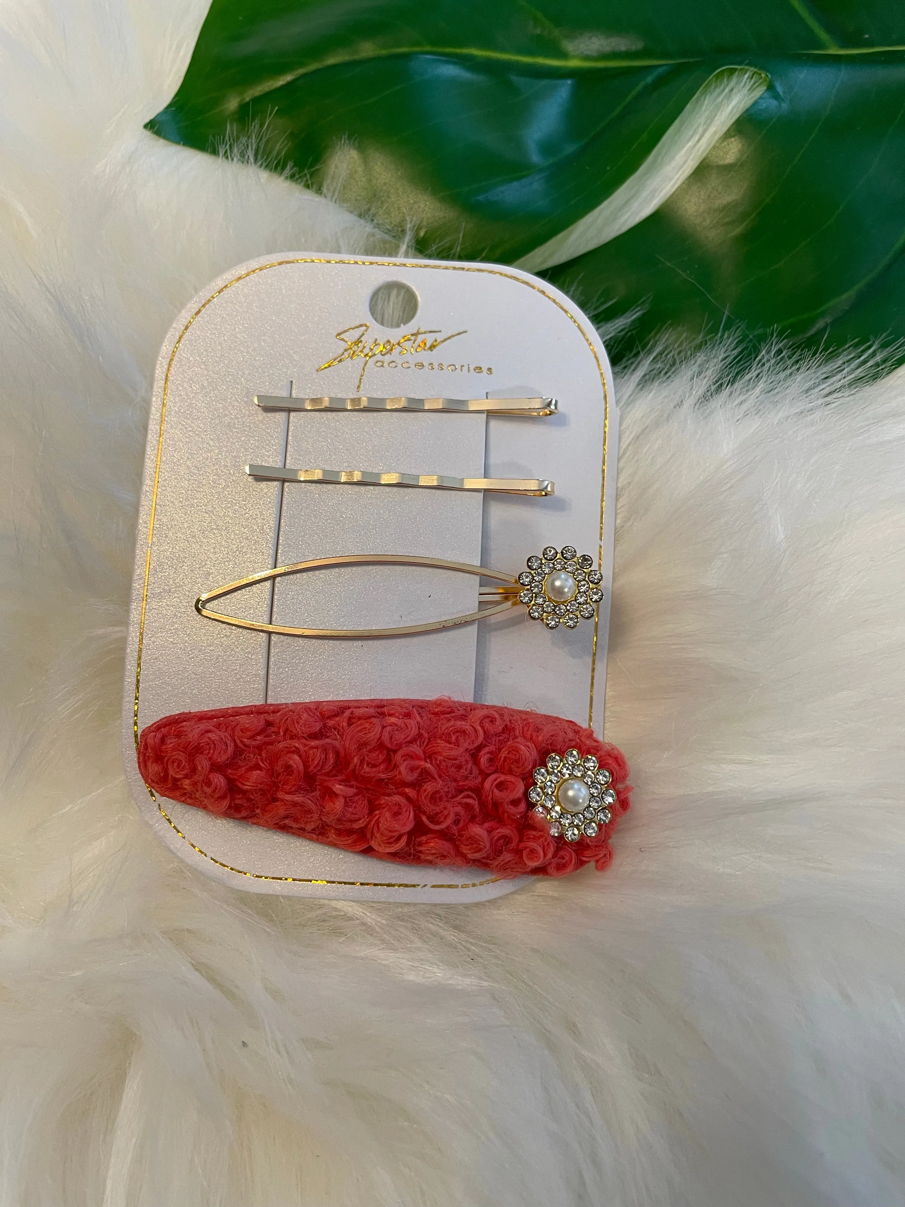 Pearl Flowers and Fur Hair Clips